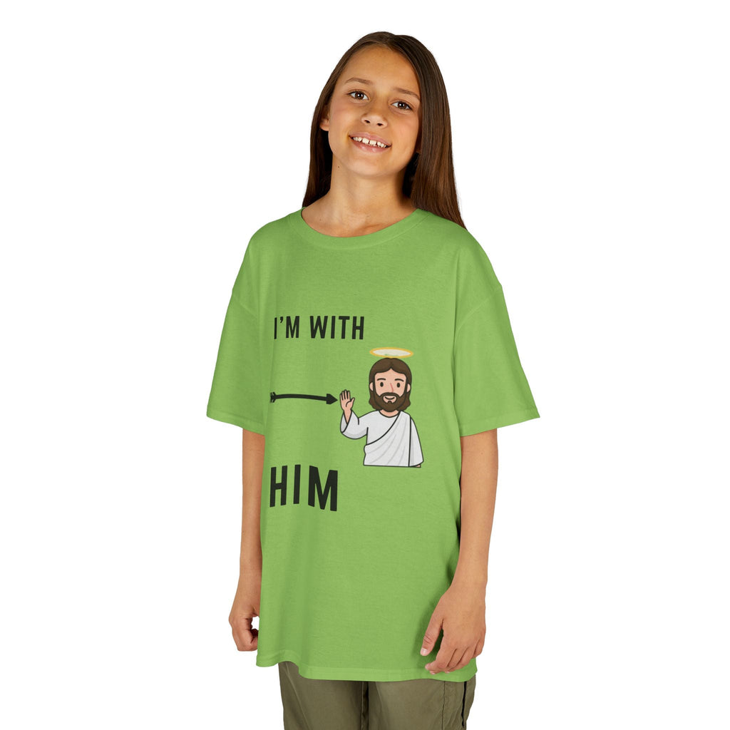 🔥 I’m With Him → Christian Kids T-Shirt | Arrow Pointing to Jesus | Minimalist Faith Tee | Subtle Cross Design | Bible-Inspired Apparel by Uplifted Gear Printify