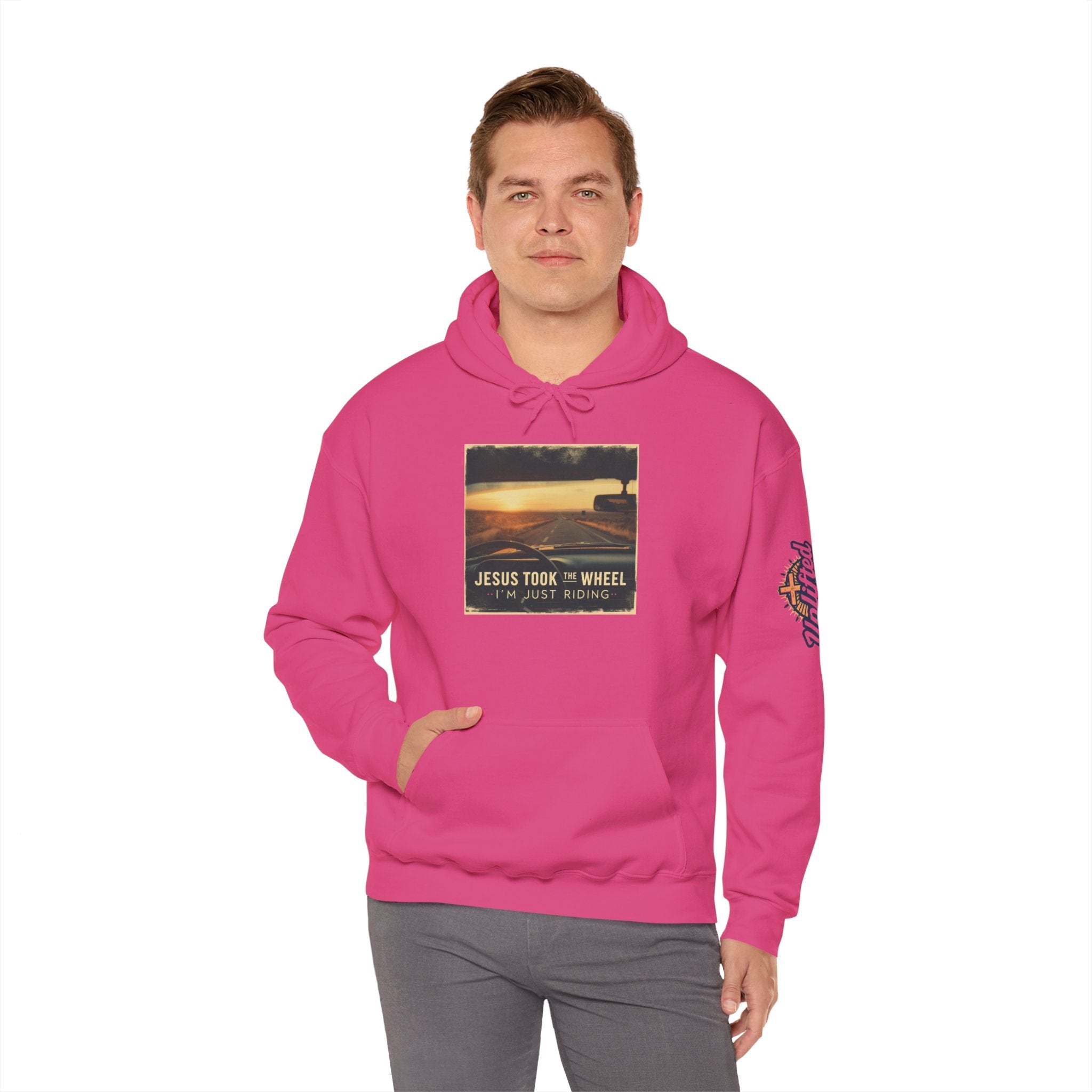 Jesus Took the Wheel I'm Just Riding Hoodie – Funny Christian Convertible Car Sweatshirt for Surrendered Faith & Humor Printify