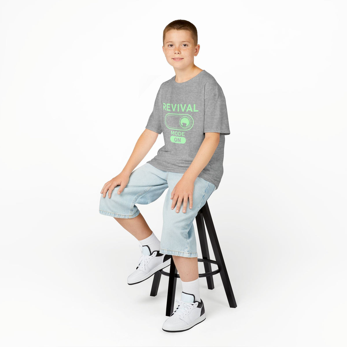 🔥 Revival Mode: ON – Christian Techwear Kids T-Shirt | Glowing Green Faith Switch | Futuristic Jesus Shirt | Activate Your Spiritual Awakening | Uplifted Gear Printify