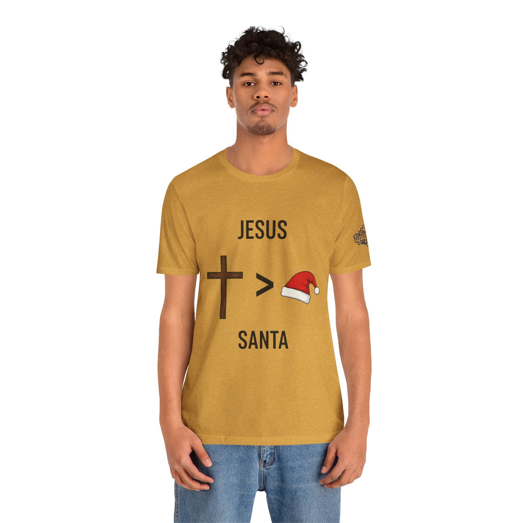🎄 Jesus > Santa – Minimalist Christian Christmas T-Shirt | Bold Faith Over Holiday Tee | Cross vs Santa Hat Design | Uplifted Gear Printify