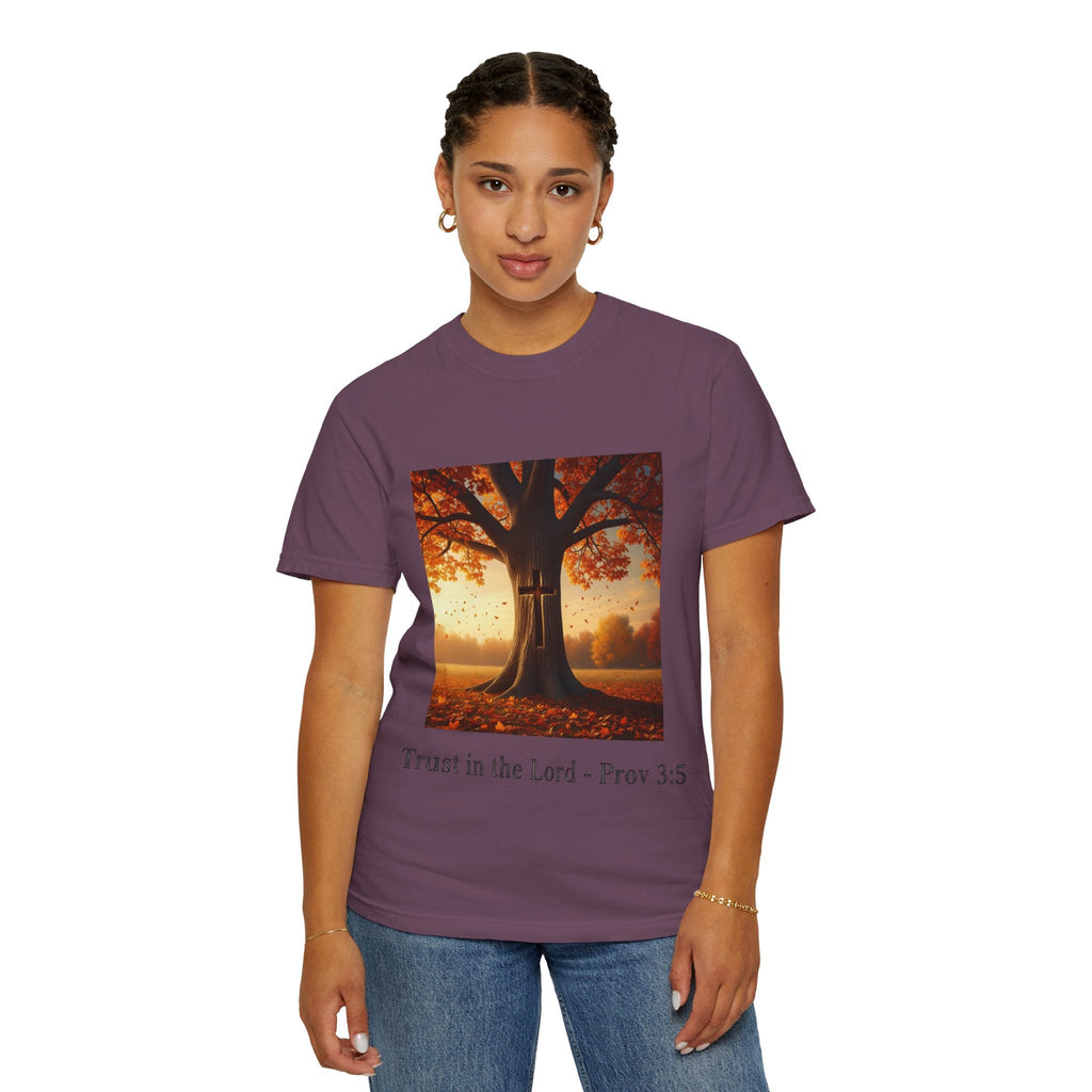 Trust in the Lord T-Shirt – Autumn Tree Christian Tee with Proverbs 3:5 Printify