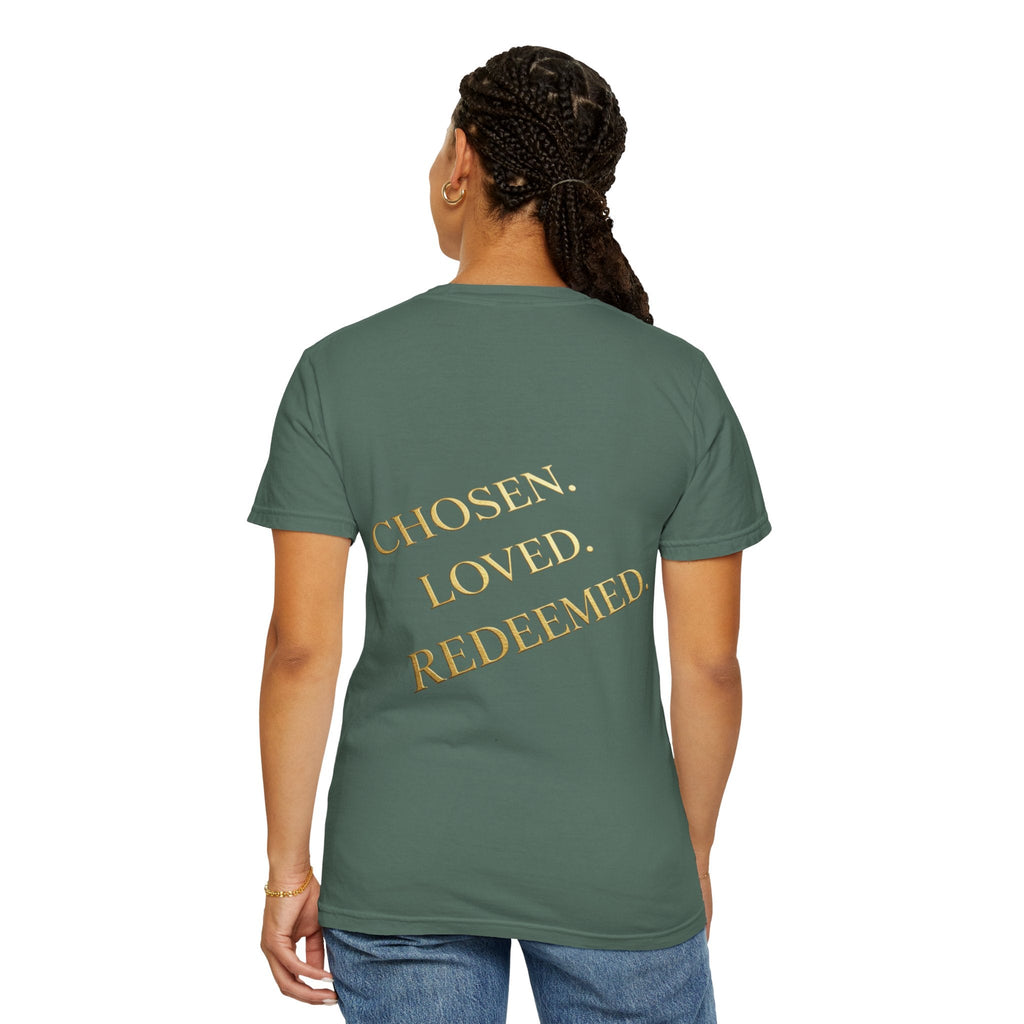 ✨ Chosen. Loved. Redeemed. – Elegant Christian T-Shirt | Gold Foil Faith Tee | Subtle Cross & Heart Design | Inspirational Bible Verse Apparel by Uplifted Gear Printify