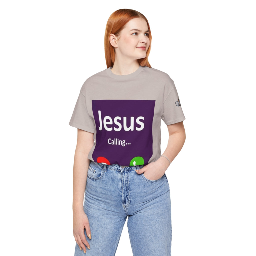 Jesus Calling T-shirt – Funny Cell Phone Screen Christian T-shirt for Divine Connection & Faith Humor Printify