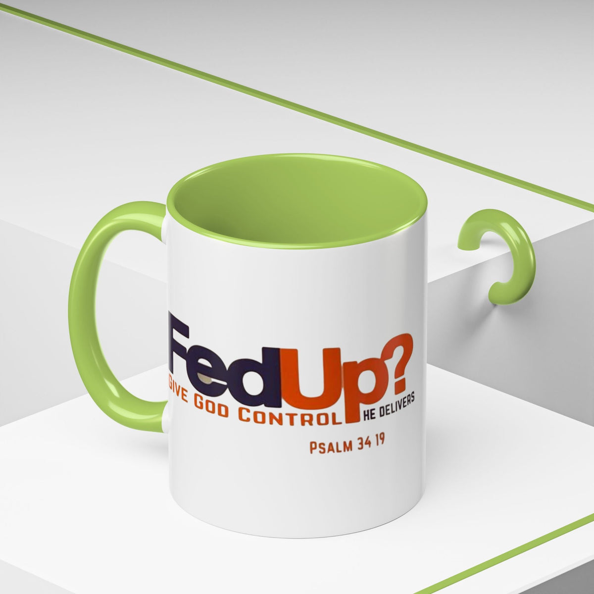 Funny Christian Coffee Mug — “Give God Control, HE Delivers” Accent Mug (11/15oz) Printify