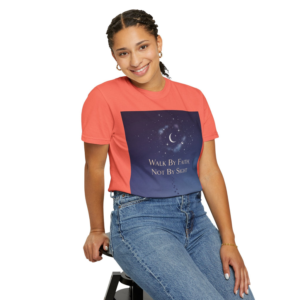 Walk by Faith, Not by Sight T-Shirt – Footprints in the Sand Christian Moonlit Tee Printify