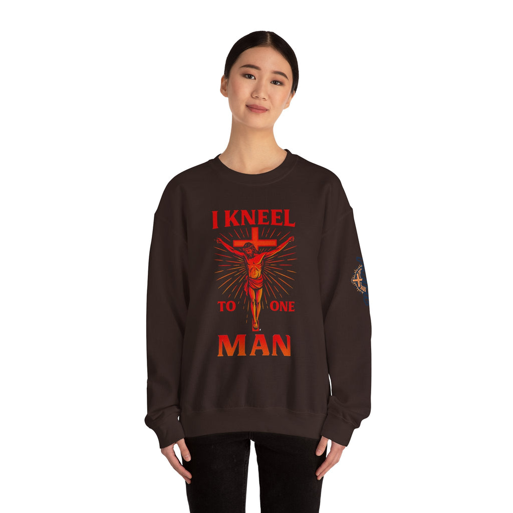 I Kneel to One Man Sweatshirt – Crucifixion Christian Sweatshirt for Unashamed Devotion & Bold Faith Printify