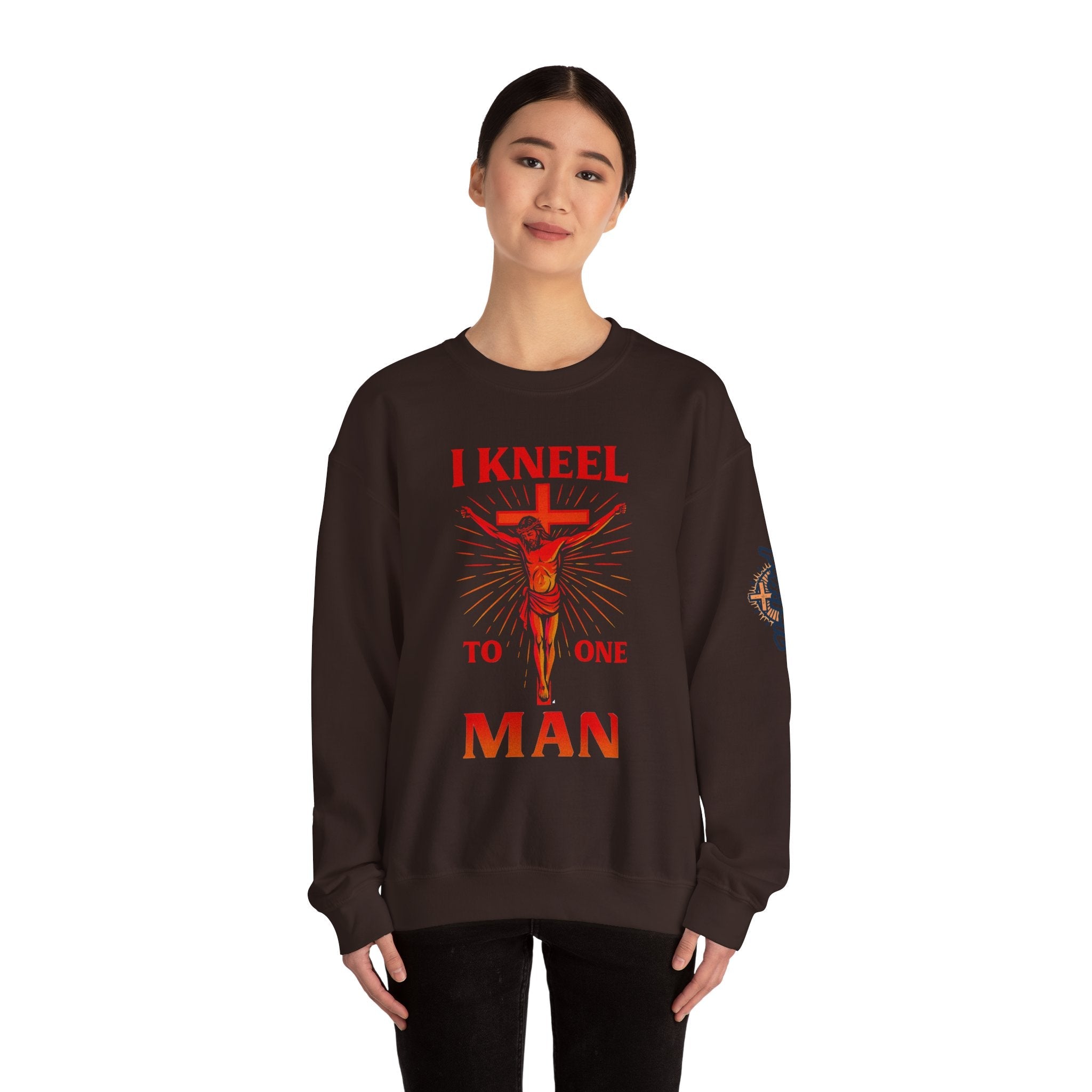 I Kneel to One Man Sweatshirt – Crucifixion Christian Sweatshirt for Unashamed Devotion & Bold Faith Printify