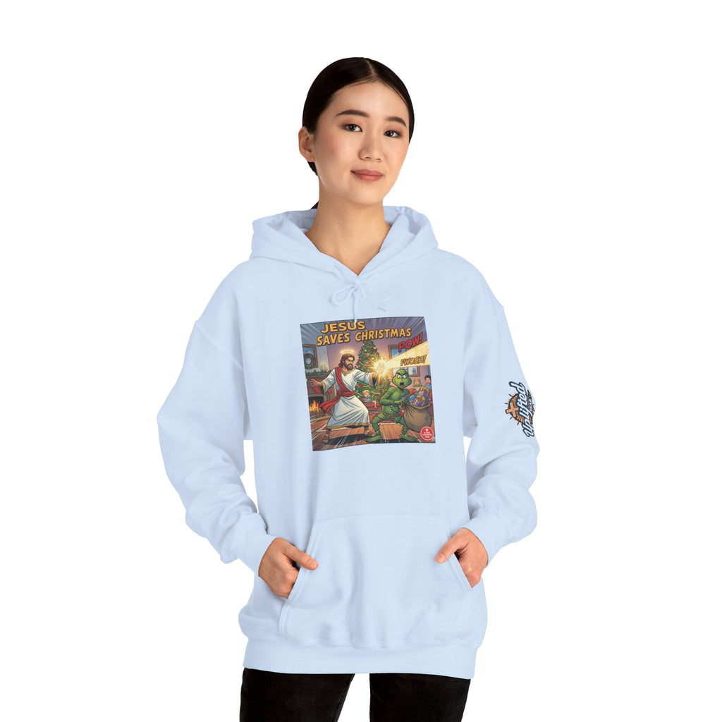 Jesus Saves Christmas Hoodie – Grinch vs Savior Light Battle Christian Sweatshirt for Hilarious Holiday Faith & True Joy Printify