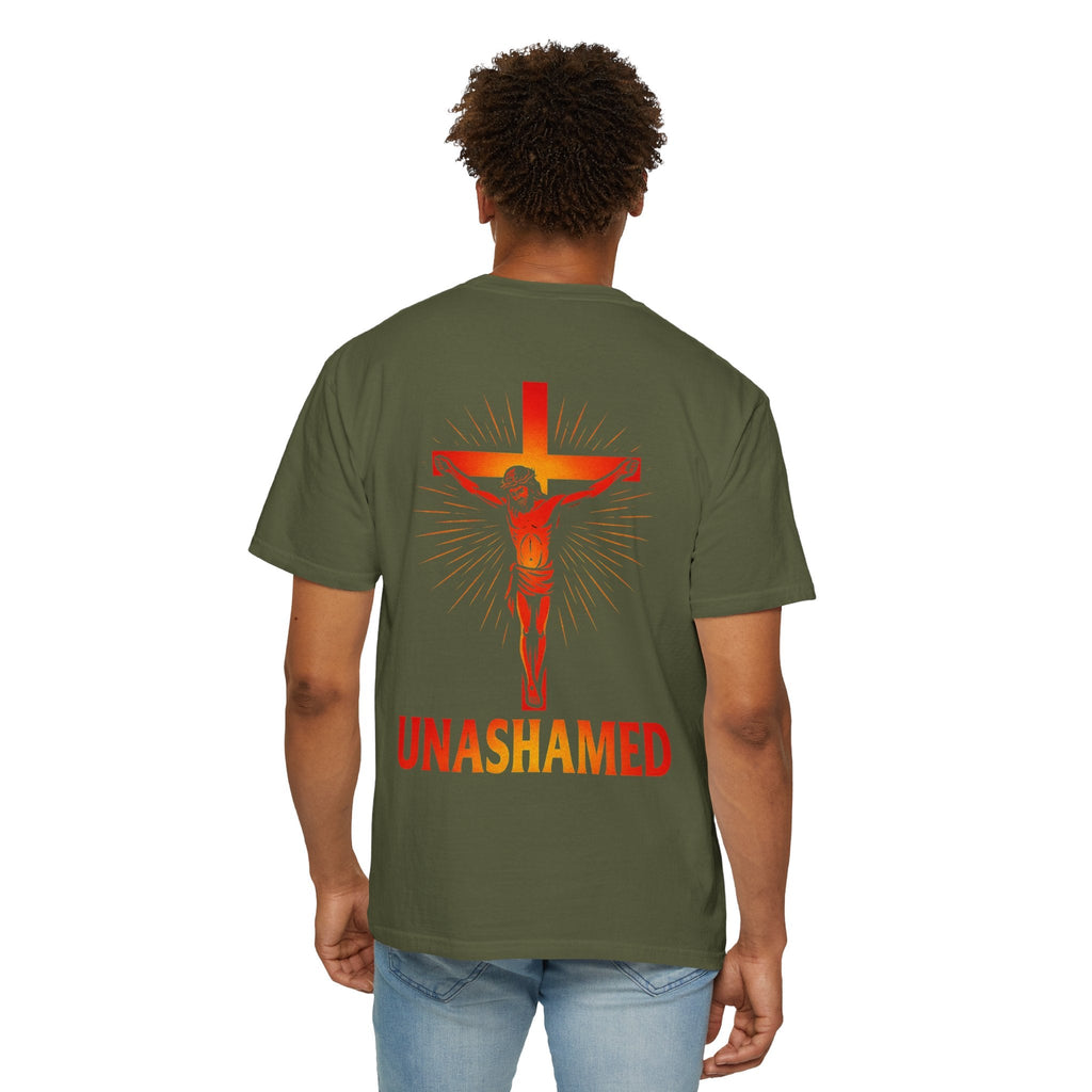 Unashamed T-shirt – Romans 1:16 Crucifixion Christian t-shirt for Bold Unwavering Faith Red Printify