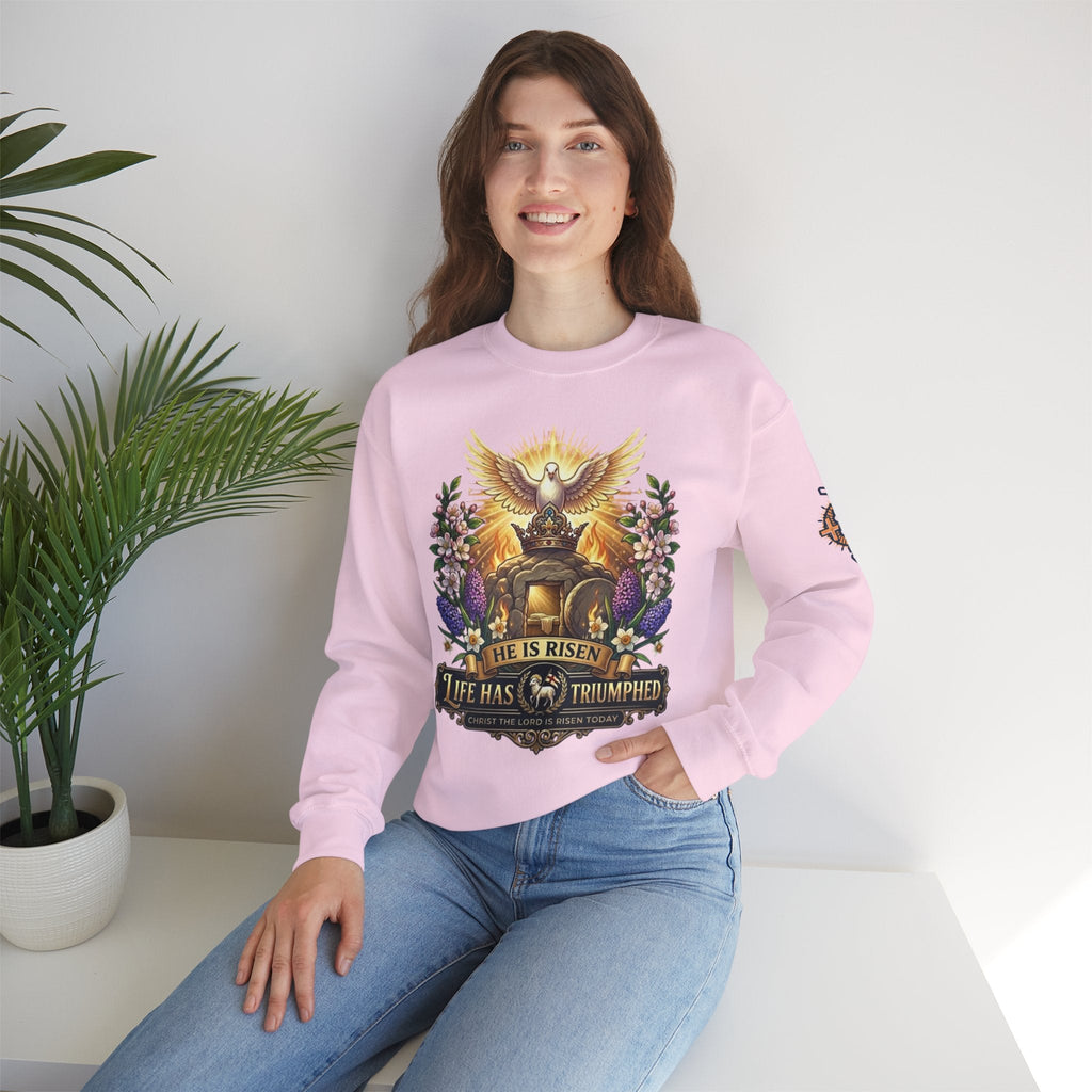 He Is Risen "Life Has Triumphed" Sweatshirt — Easter Resurrection Christian Sweatshirt Printify