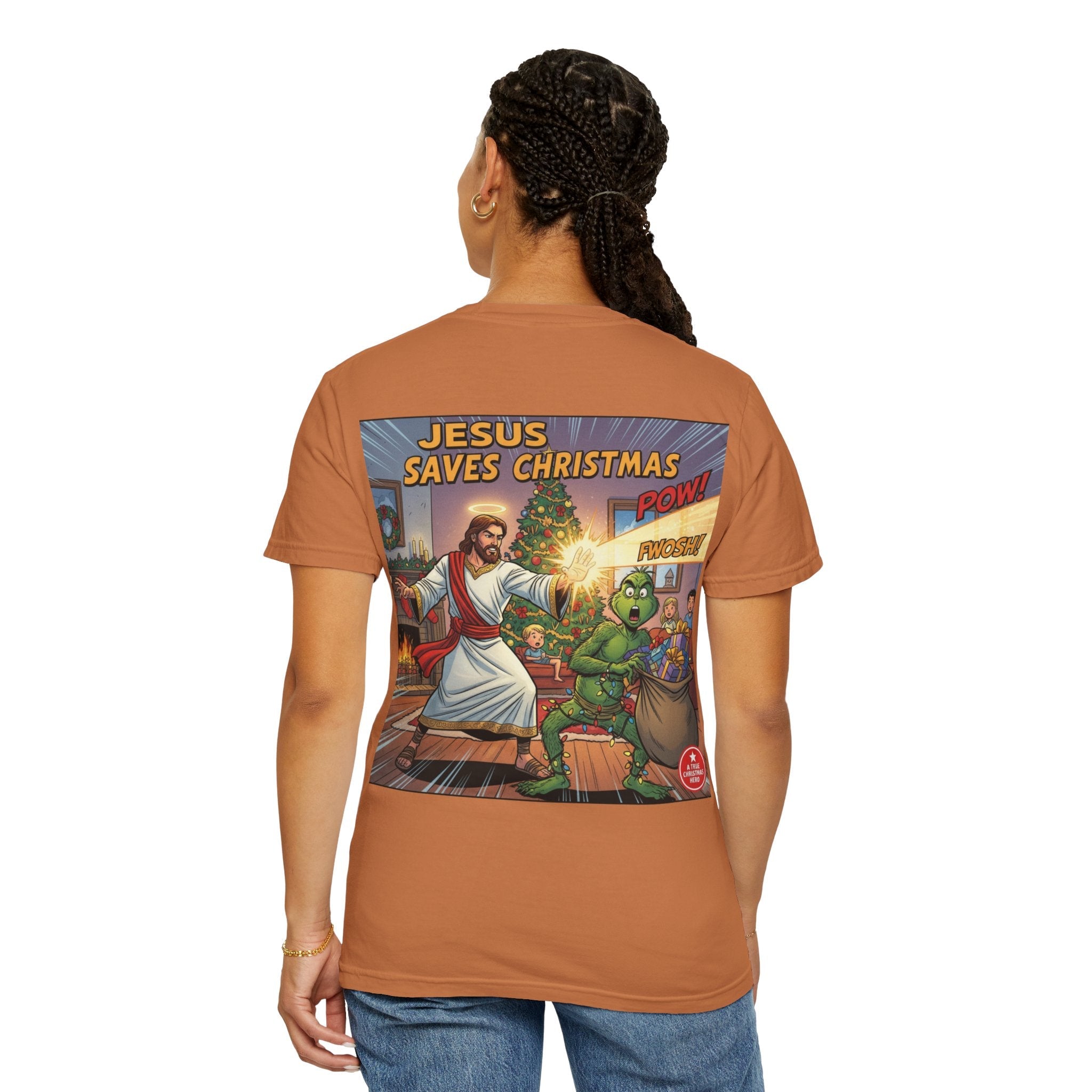 Jesus Saves Christmas T-shirt – Grinch vs Savior Light Battle Christian T-shirt for Hilarious Holiday Faith & True Joy Printify