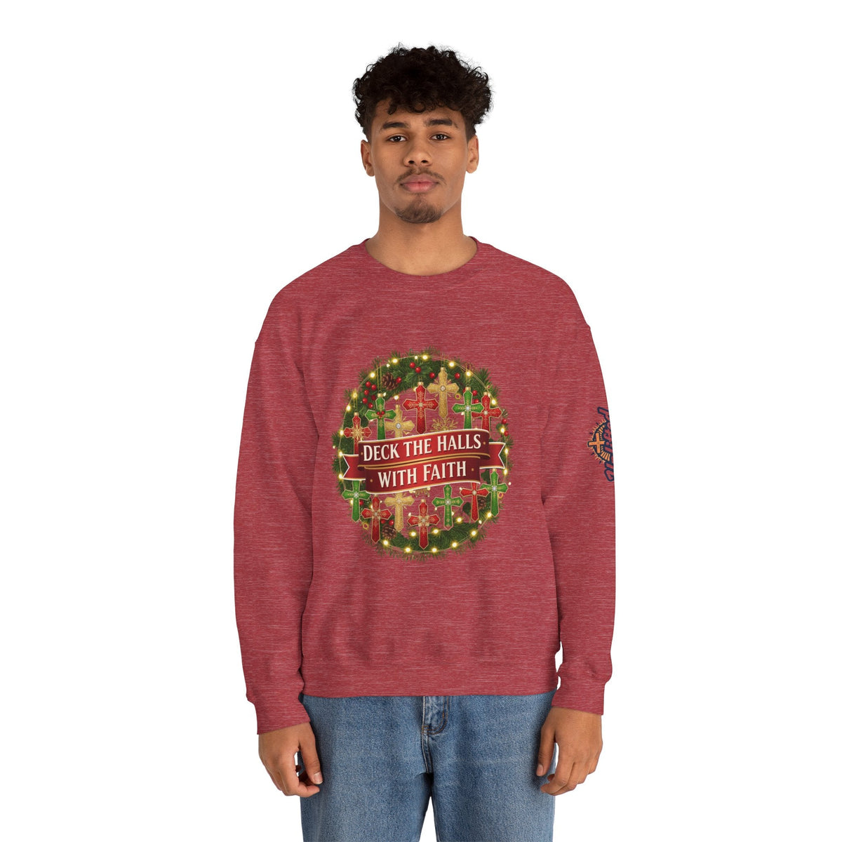 🎄 Deck the Halls with Faith – Christian Christmas Sweatshirt | Cross Ornament Design & Festive Garland | Bold Holiday Faith Tee by Uplifted Gear Printify