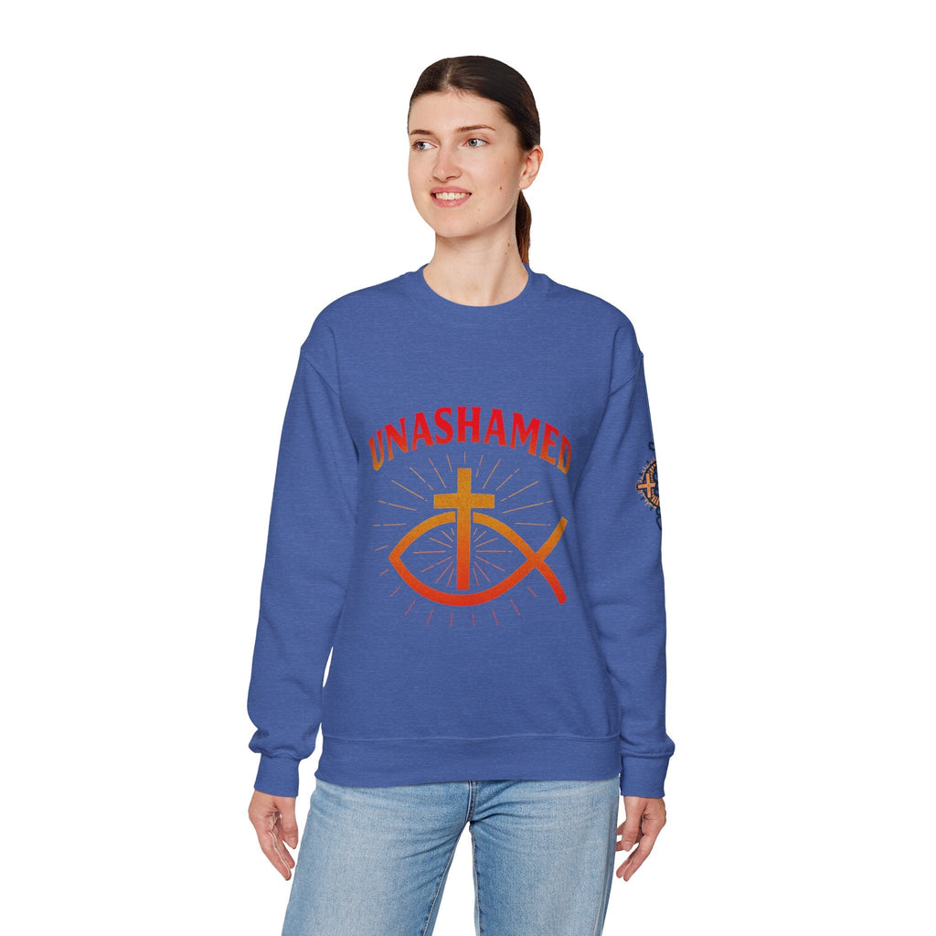 Unashamed Sweatshirt – Ichthys Jesus Fish & Cross Christian Sweatshirt for Romans 1:16 Bold Faith Printify