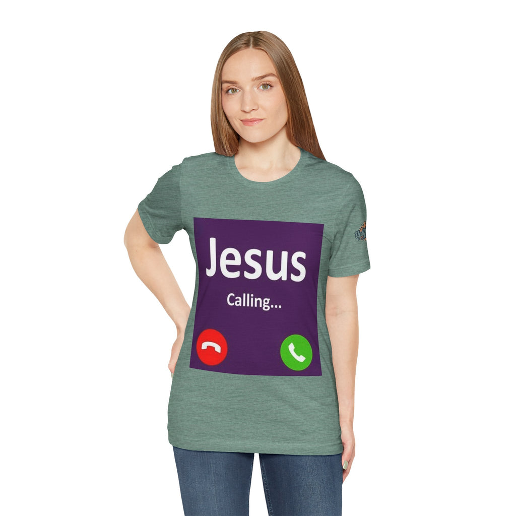 Jesus Calling T-shirt – Funny Cell Phone Screen Christian T-shirt for Divine Connection & Faith Humor Printify