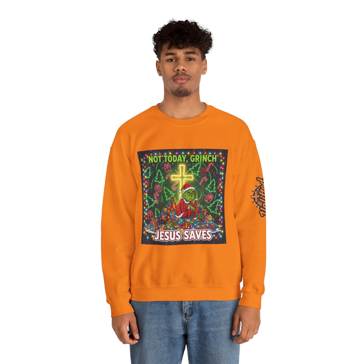 🎄 Not Today, Grinch – Jesus Saves | Funny Christian Christmas Sweatshirt | Festive Green & Red Cartoon Style | Bold Faith Holiday Tee by Uplifted Gear Printify