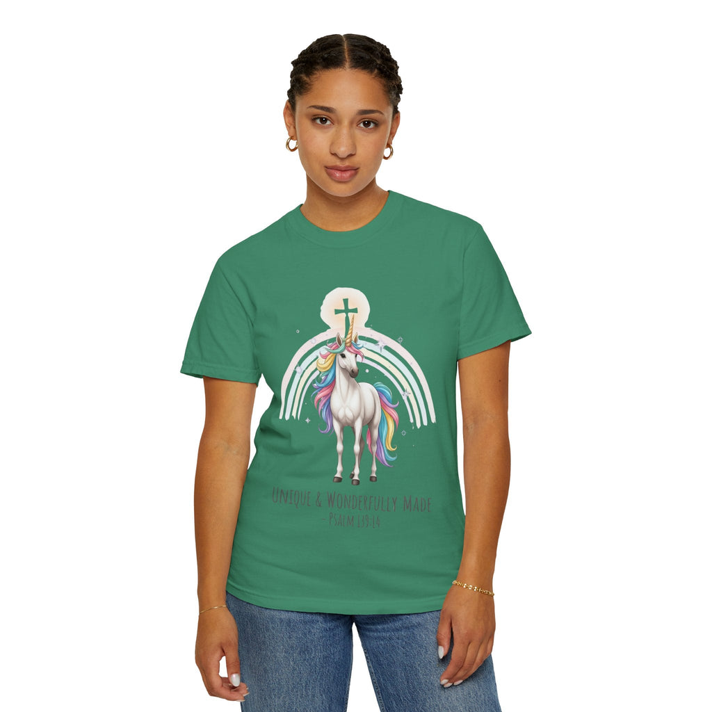 Unique Unicorn Christian T-Shirt – Wonderfully Made with Rainbow Cross & Psalm 139:14 Printify