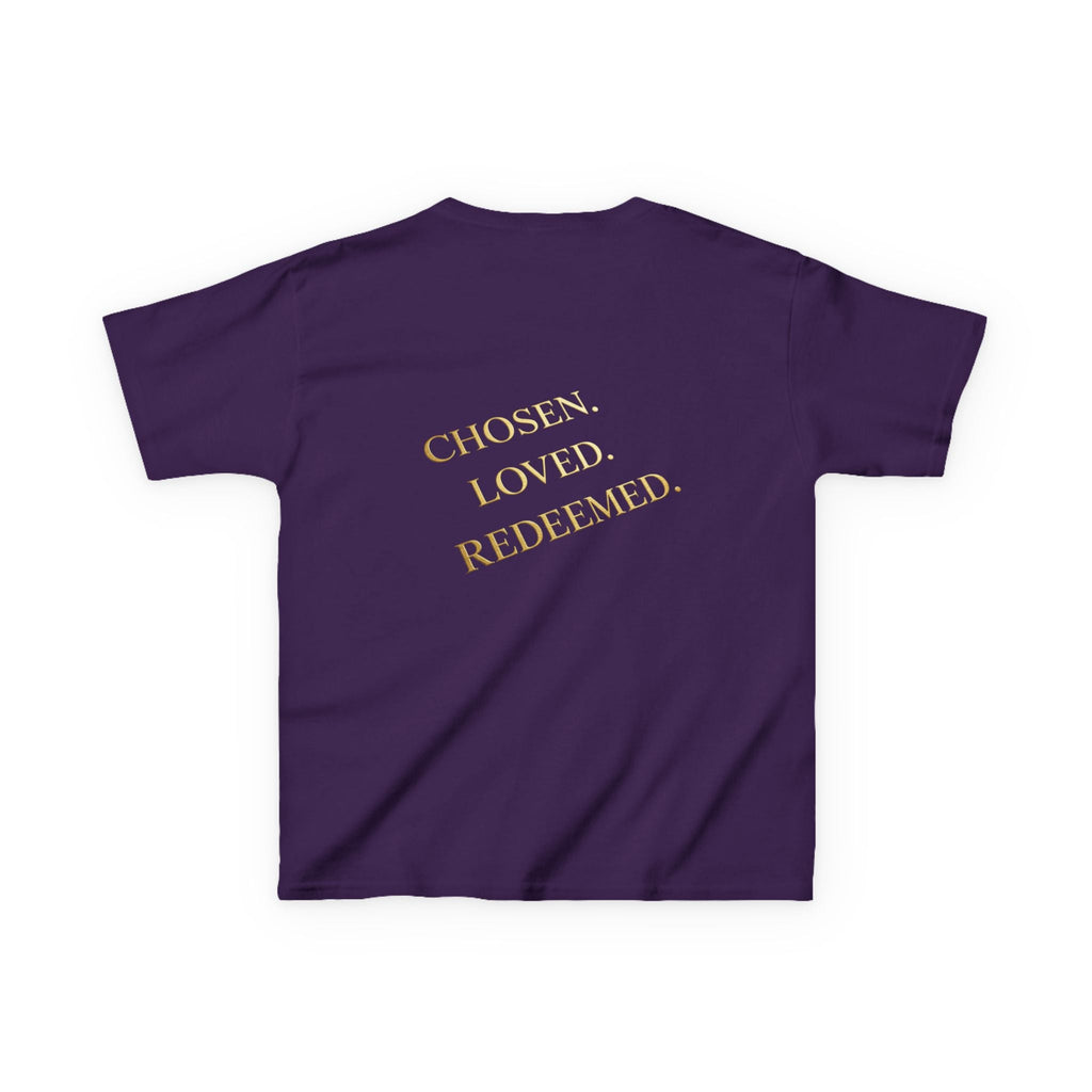 ✨ Chosen. Loved. Redeemed. – Elegant Christian Kids T-Shirt | Gold Foil Faith Tee | Subtle Cross & Heart Design | Inspirational Bible Verse Apparel by Uplifted Gear Printify