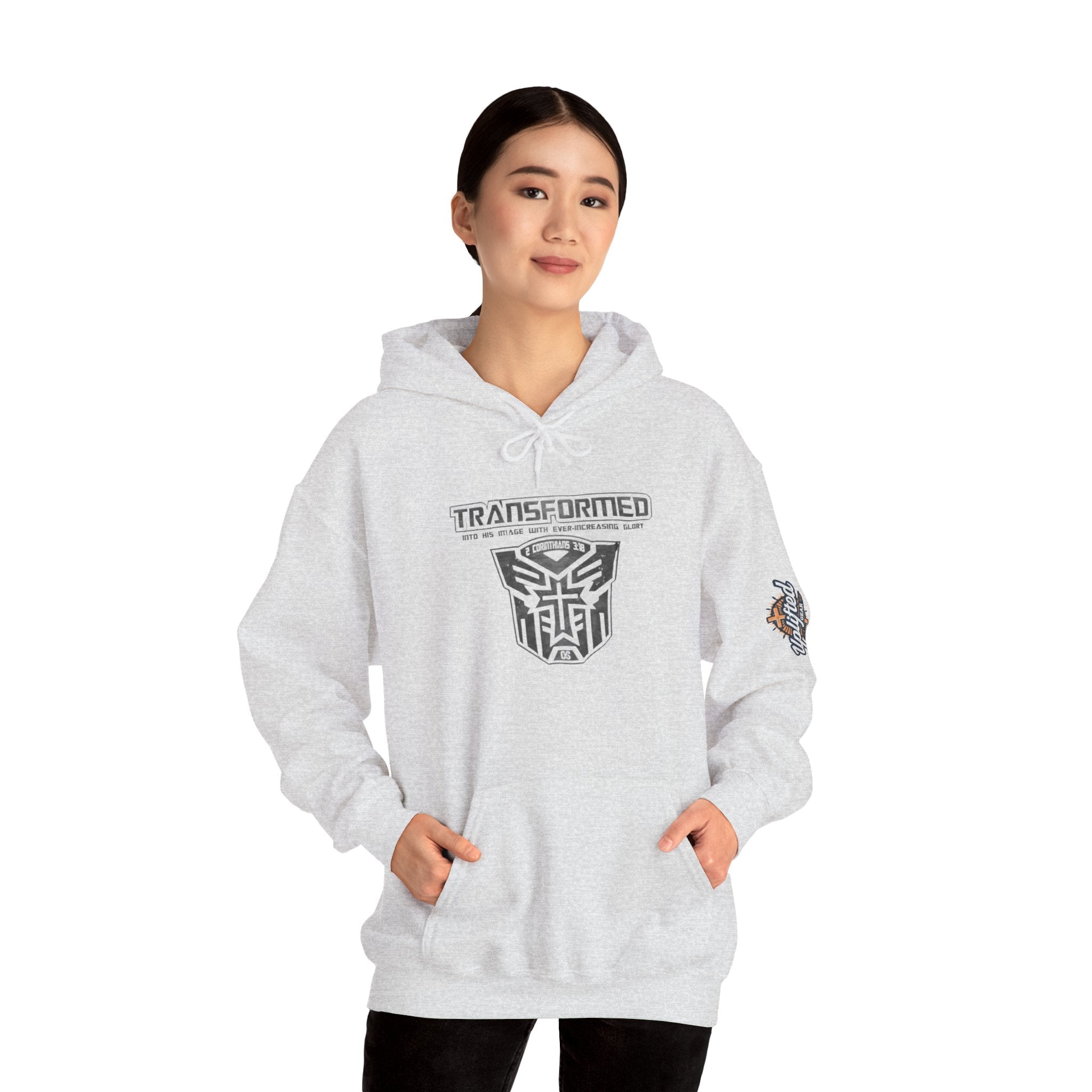 Transformer Logo Christian Hoodie | 2 Corinthians 3:18 Bible Verse Hoodie Printify