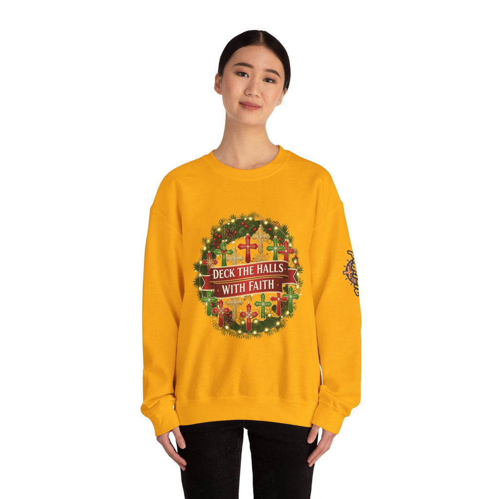 🎄 Deck the Halls with Faith – Christian Christmas Sweatshirt | Cross Ornament Design & Festive Garland | Bold Holiday Faith Tee by Uplifted Gear Printify