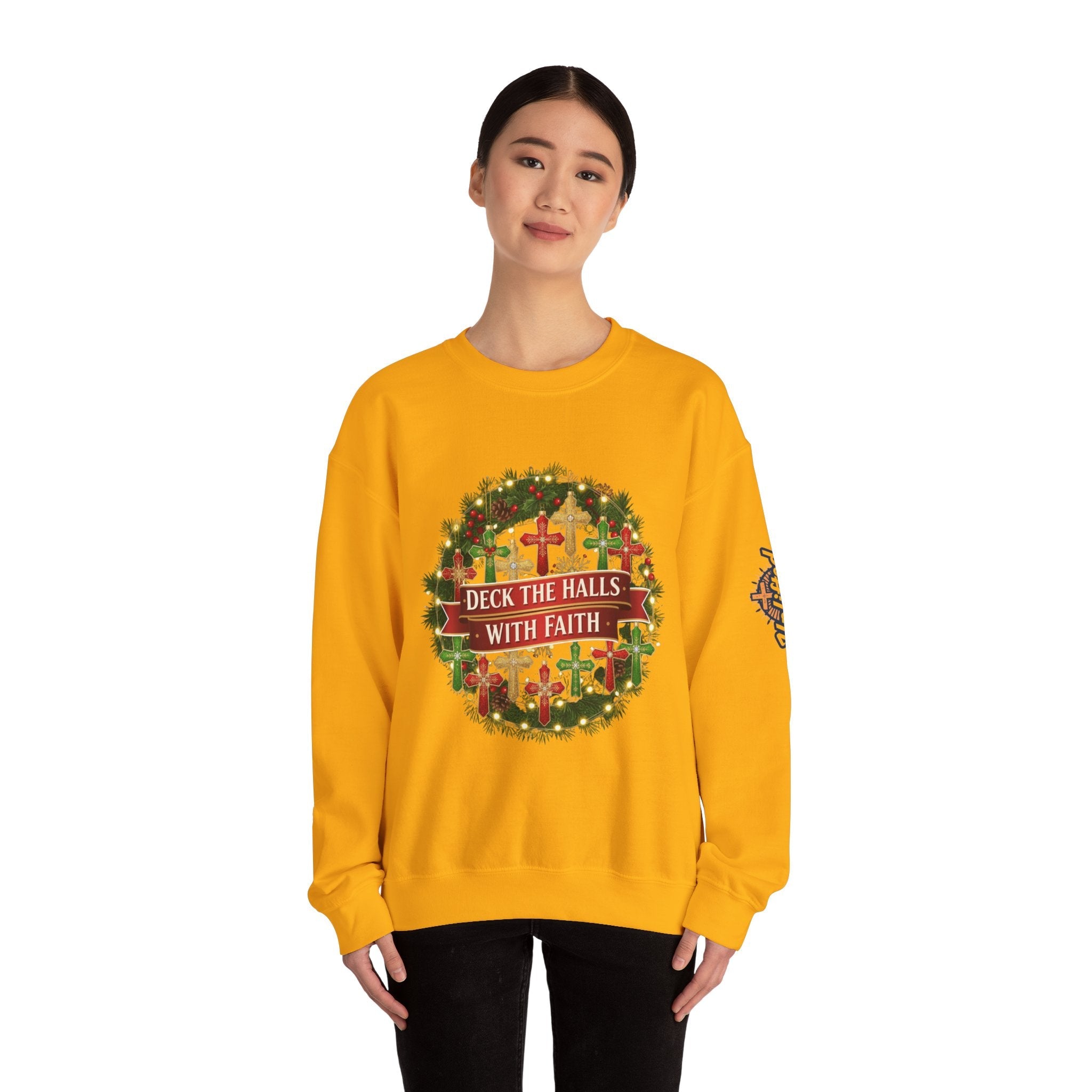 🎄 Deck the Halls with Faith – Christian Christmas Sweatshirt | Cross Ornament Design & Festive Garland | Bold Holiday Faith Tee by Uplifted Gear Printify