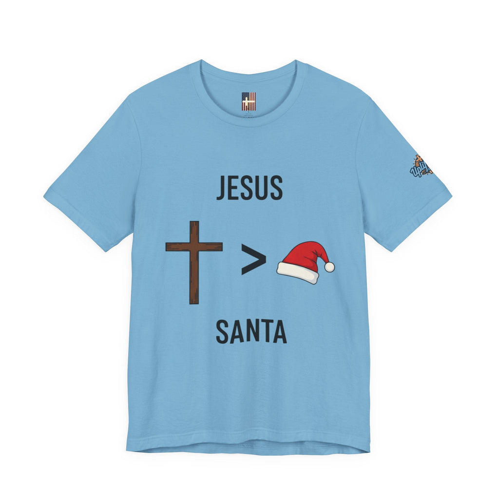 🎄 Jesus > Santa – Minimalist Christian Christmas T-Shirt | Bold Faith Over Holiday Tee | Cross vs Santa Hat Design | Uplifted Gear Printify