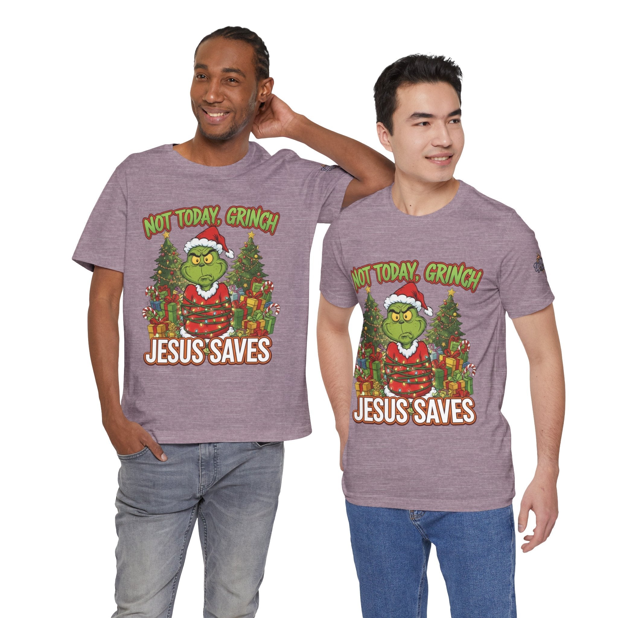🎄 Not Today, Grinch – Jesus Saves | Funny Christian Christmas T-Shirt | Sulking Grinch & Glowing Cross | Bold Neon Faith Tee by Uplifted Gear Printify