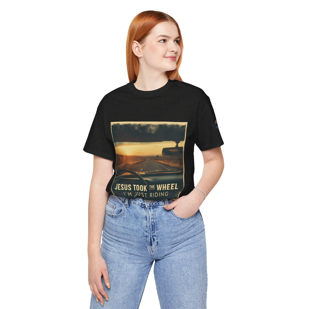 Jesus Took the Wheel I'm Just Riding T-shirt – Funny Christian Convertible Car T-shirt for Surrendered Faith & Humor Printify