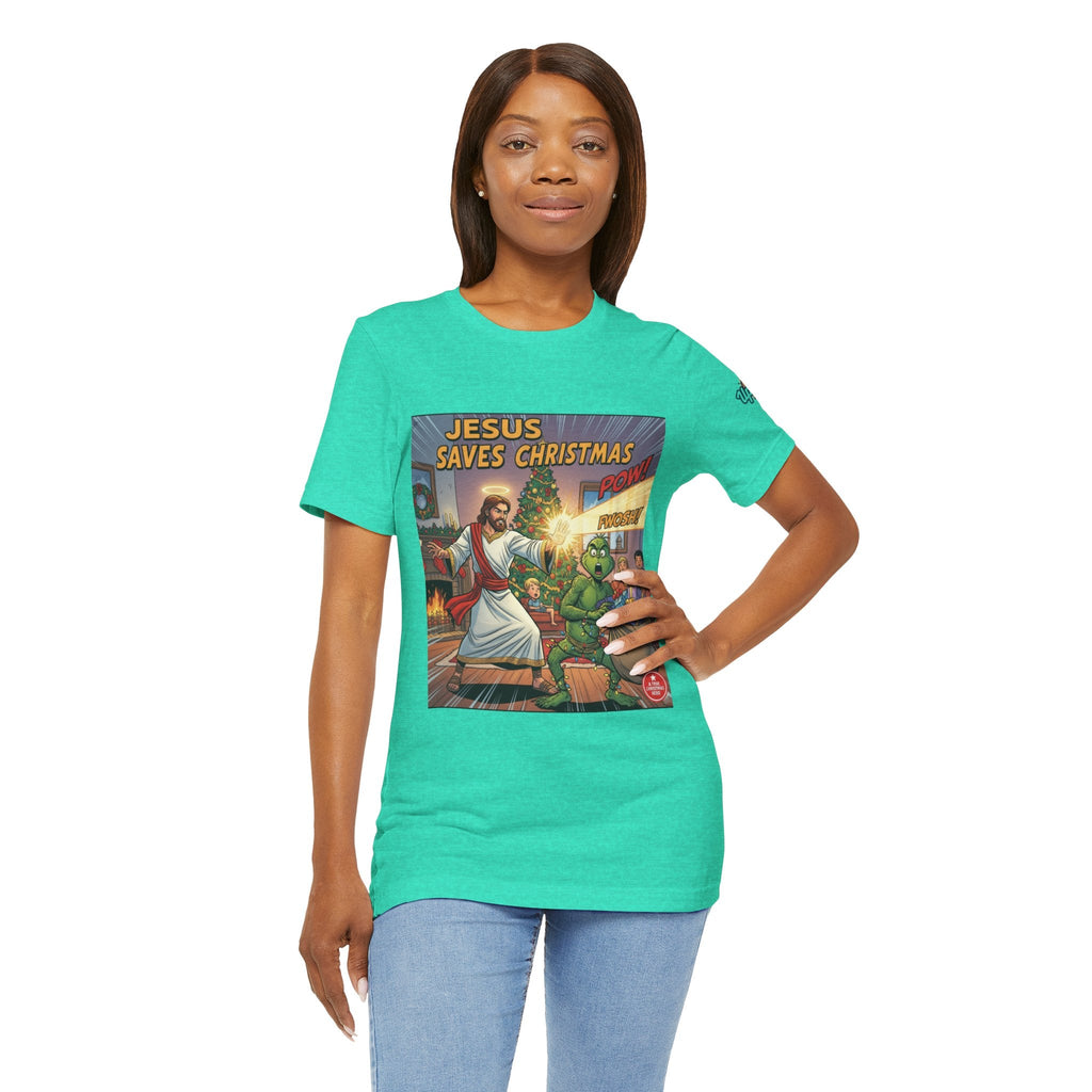 Jesus Saves Christmas T-shirt – Grinch vs Savior Light Battle Christian T-shirt for Hilarious Holiday Faith & True Joy Printify