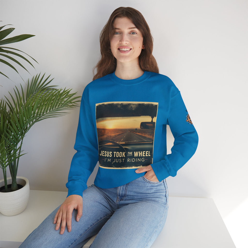 Jesus Took the Wheel I'm Just Riding Sweatshirt – Funny Christian Convertible Car Sweatshirt for Surrendered Faith & Humor