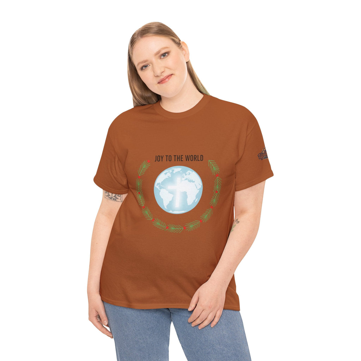 Joy to the World T-shirt – Wreath Earth Nativity Christian Christmas T-shirt for Isaiah 9:6 Holiday Faith & Festive Joy Printify