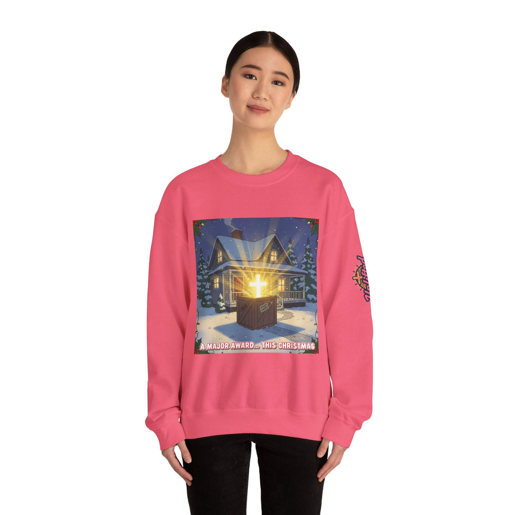 A Major Award This Christmas Sweatshirt – Fragile Leg Lamp Parody Cross Unboxing Christian Sweatshirt for Hilarious Faith & Holiday Glow Printify