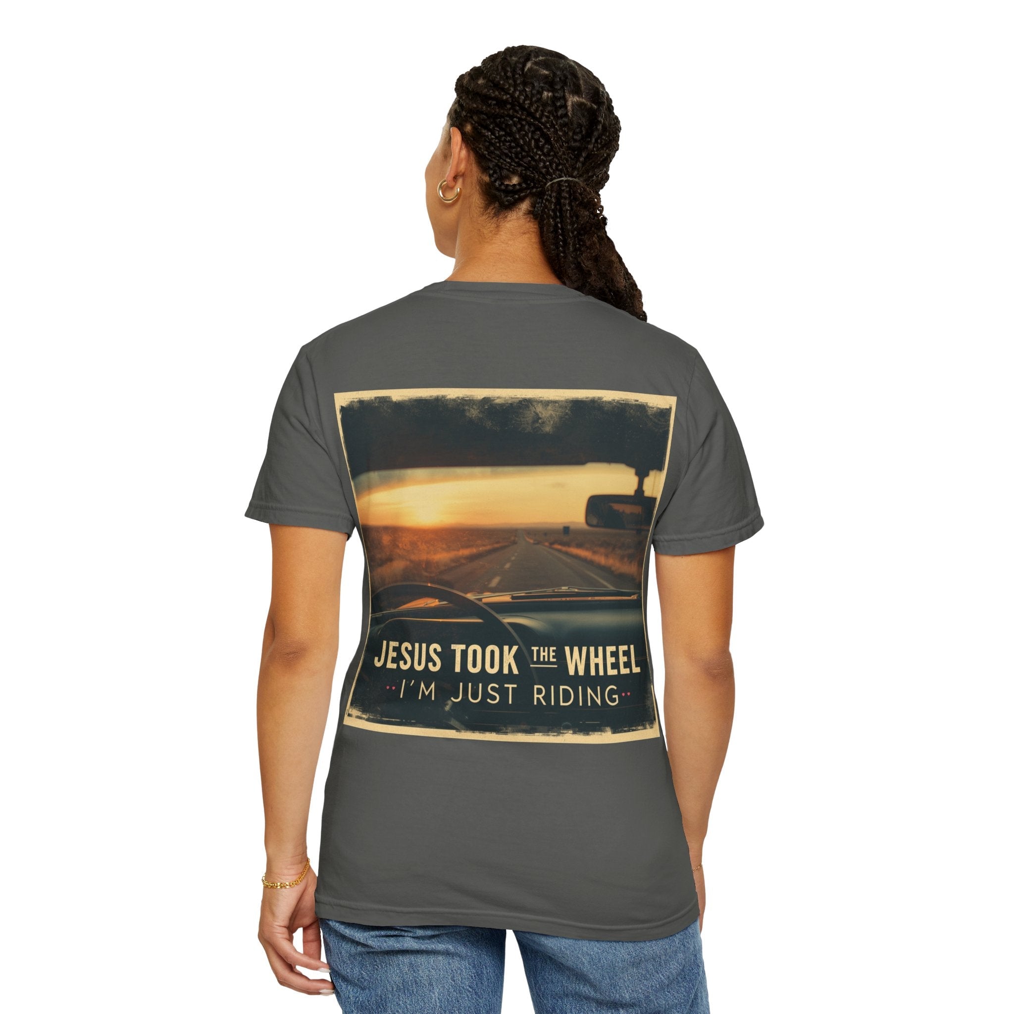 Jesus Took the Wheel I'm Just Riding T-shirt – Funny Christian Convertible Car T-shirt for Surrendered Faith & Humor Printify