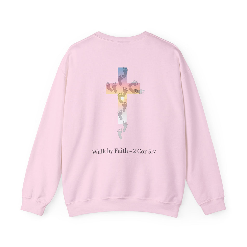 Walk by Faith Sweatshirt – Cross & Footprints Christian Sweatshirt for Cozy Inspiration Printify