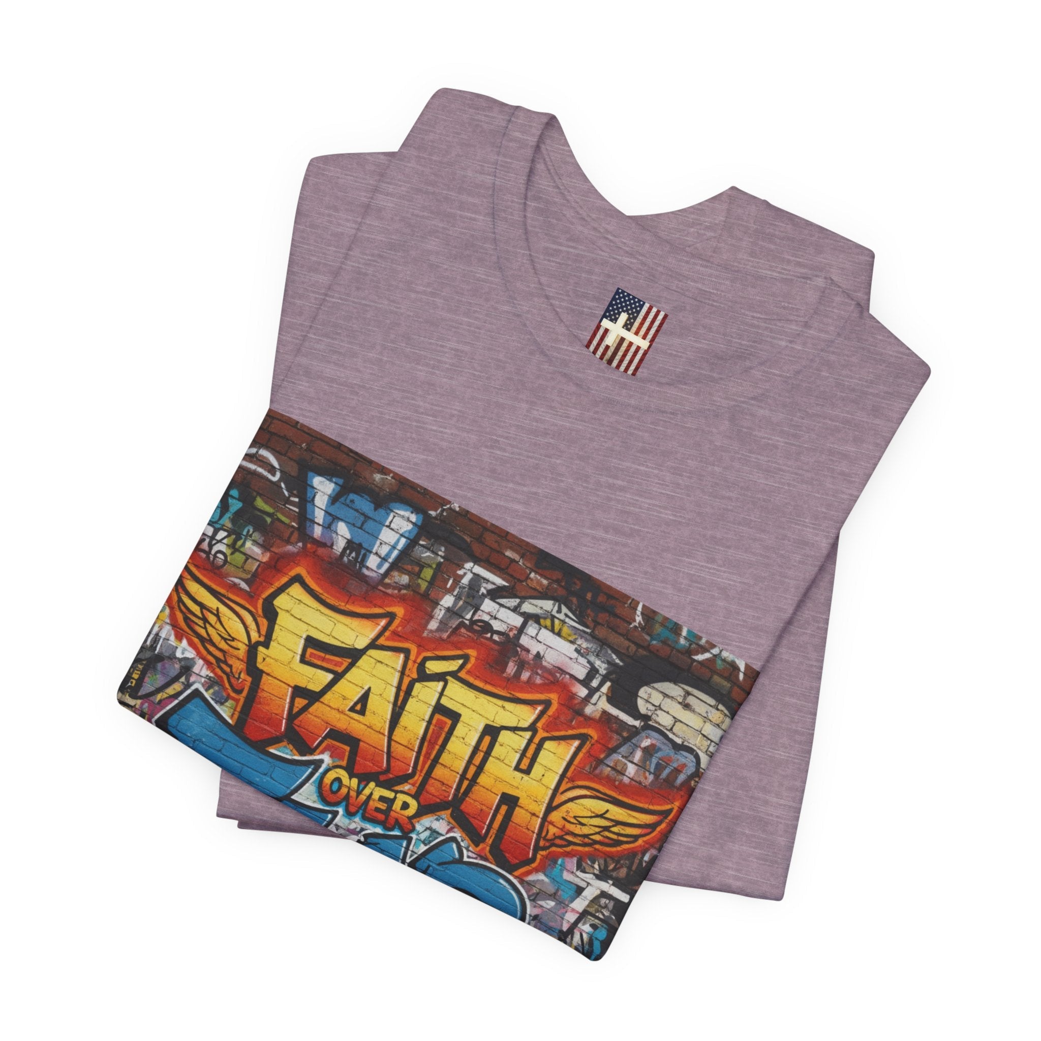 Faith Over Fear T-shirt – Graffiti Wall Christian T-shirt for Bold 2 Corinthians 5:7 Streetwear & Unshakable Faith Printify