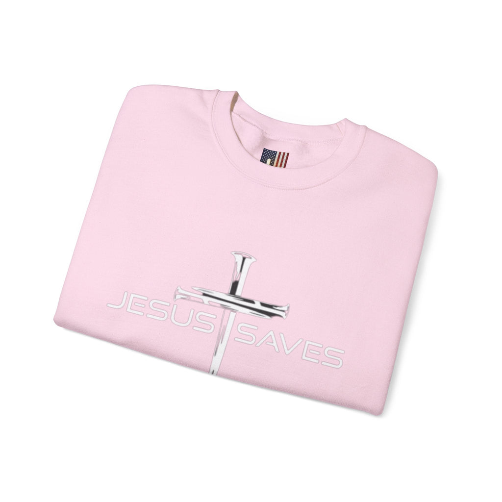 Jesus Saves Sweatshirt – 3 Nails Crucifix Cross Christian Sweatshirt for Redemption Faith & Bold Salvation Printify