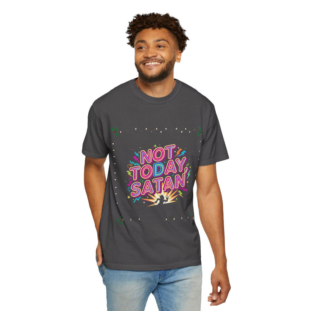 🔥 Not Today, Satan – Retro 90s Christian T-Shirt | Neon Faith Tee | Funky Cartoon Devil | Bold Bible Verse Shirt | Uplifted Gear Printify