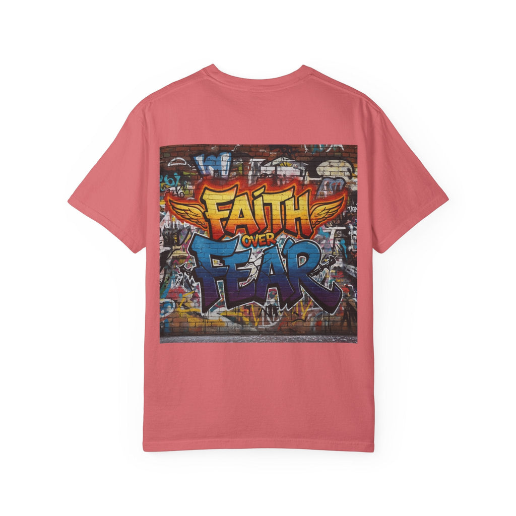 Faith Over Fear T-shirt – Graffiti Wall Christian T-shirt for Bold 2 Corinthians 5:7 Streetwear & Unshakable Faith Printify