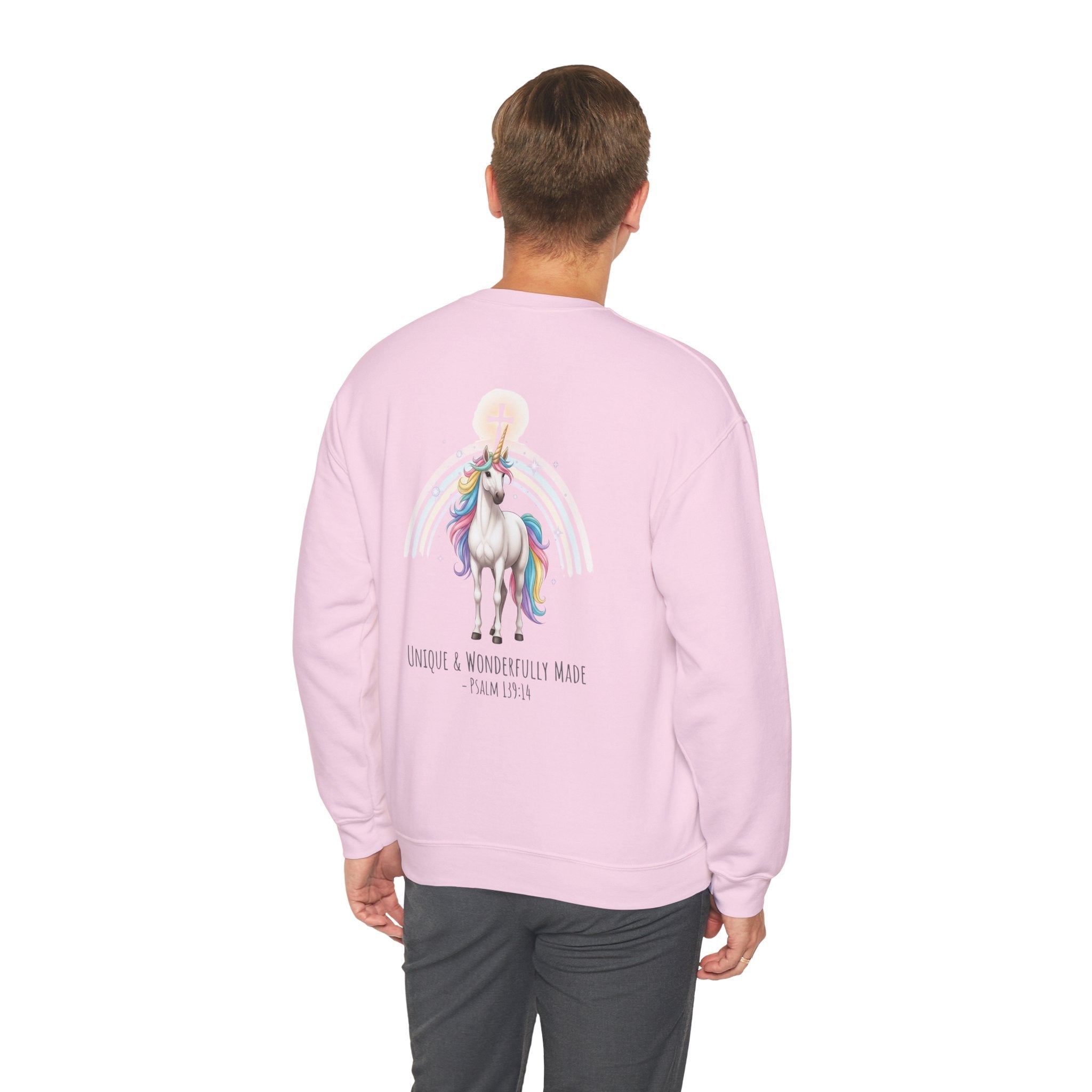Unique Unicorn Sweatshirt – Rainbow Cross Psalm 139:14 Christian Sweatshirt for Wonderfully Made Printify