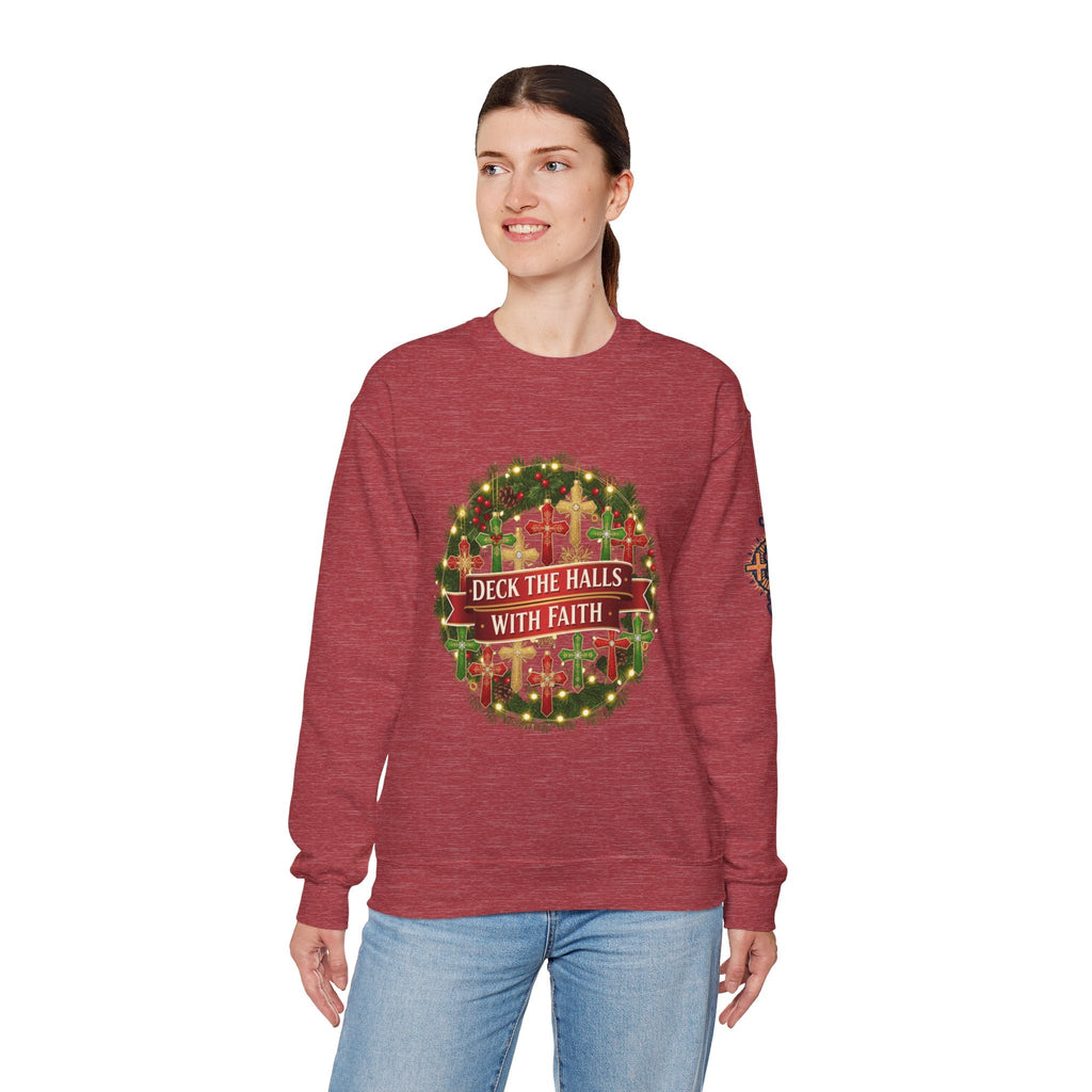 🎄 Deck the Halls with Faith – Christian Christmas Sweatshirt | Cross Ornament Design & Festive Garland | Bold Holiday Faith Tee by Uplifted Gear Printify