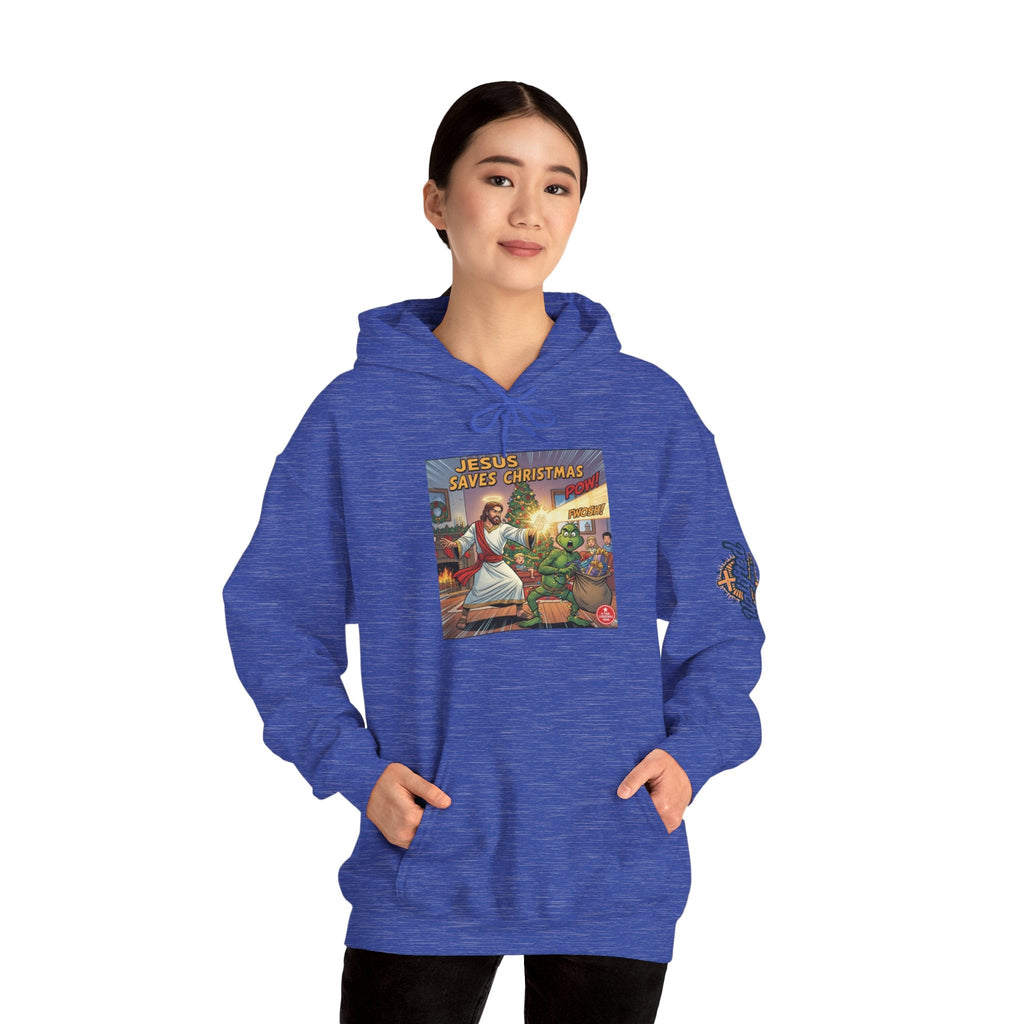 Jesus Saves Christmas Hoodie – Grinch vs Savior Light Battle Christian Sweatshirt for Hilarious Holiday Faith & True Joy Printify