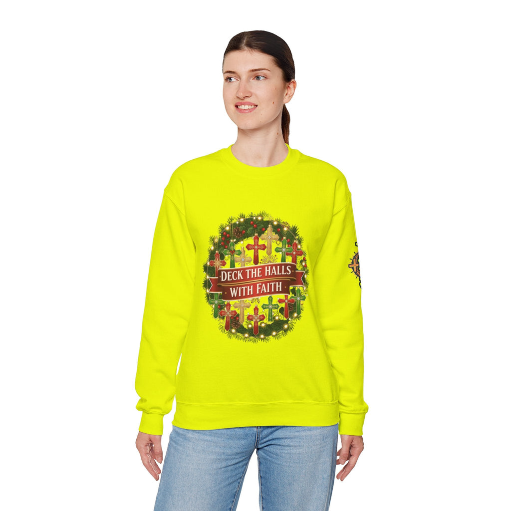🎄 Deck the Halls with Faith – Christian Christmas Sweatshirt | Cross Ornament Design & Festive Garland | Bold Holiday Faith Tee by Uplifted Gear Printify