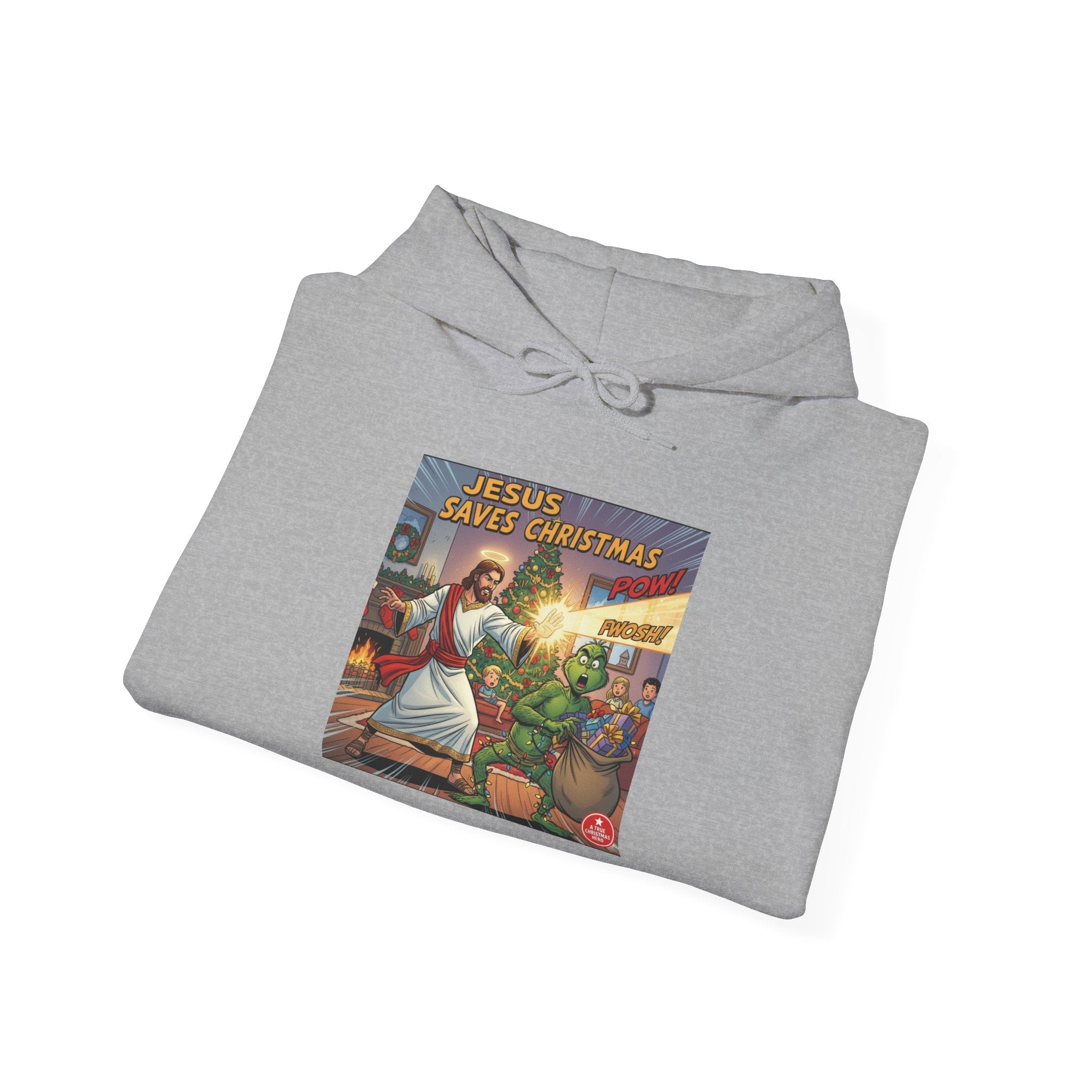 Jesus Saves Christmas Hoodie – Grinch vs Savior Light Battle Christian Sweatshirt for Hilarious Holiday Faith & True Joy Printify