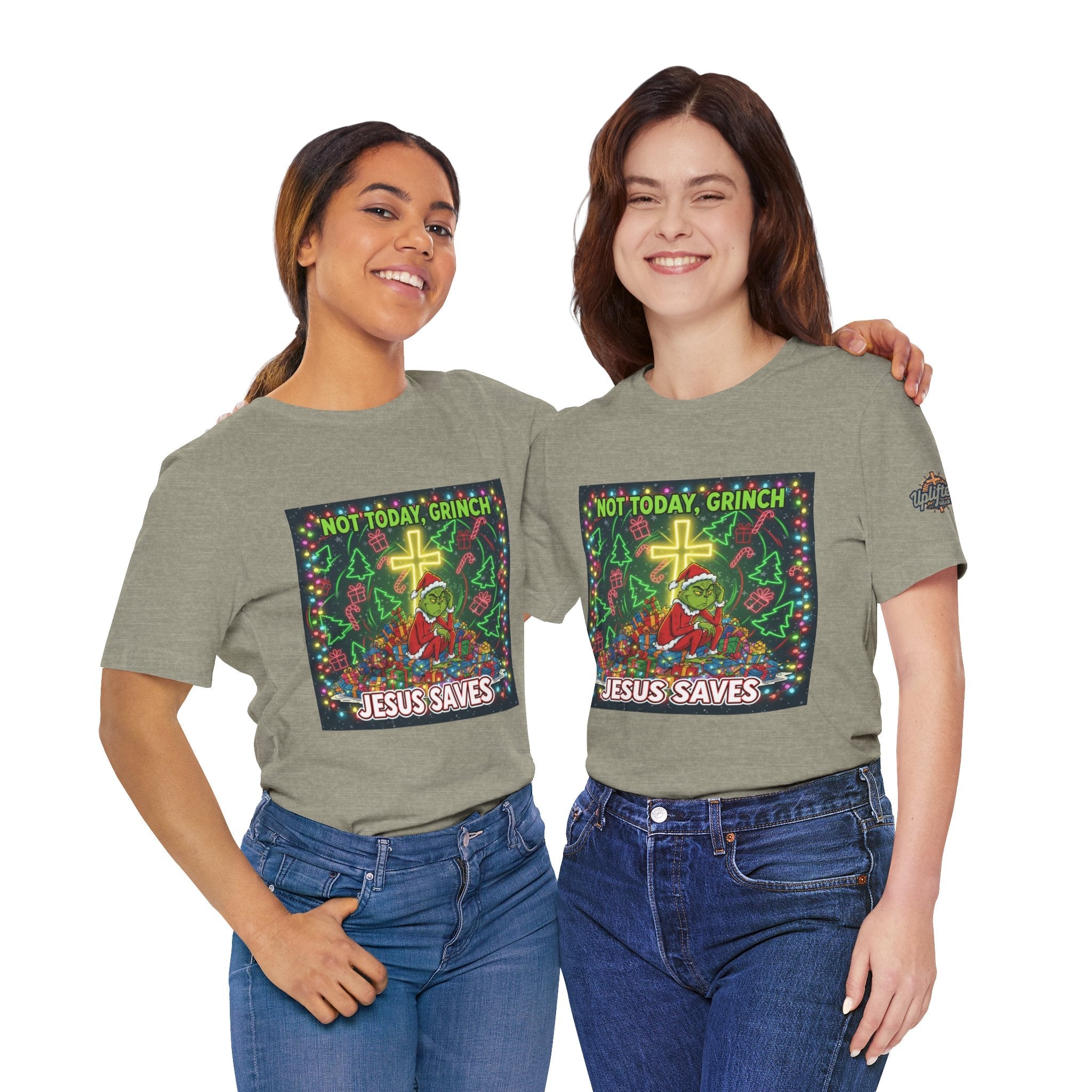 🎄 Not Today, Grinch – Jesus Saves | Funny Christian Christmas T-Shirt | Festive Green & Red Cartoon Style | Bold Faith Holiday Tee by Uplifted Gear Printify
