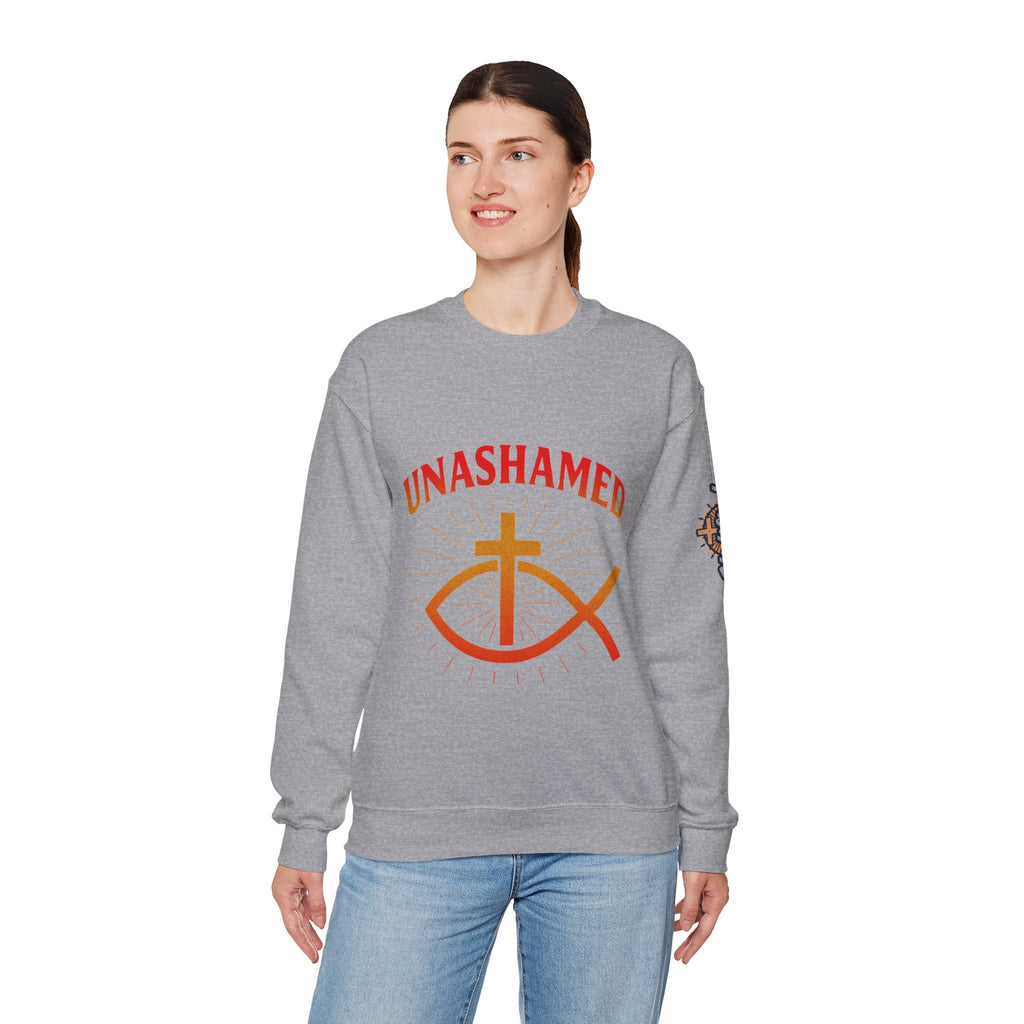 Unashamed Sweatshirt – Ichthys Jesus Fish & Cross Christian Sweatshirt for Romans 1:16 Bold Faith Printify