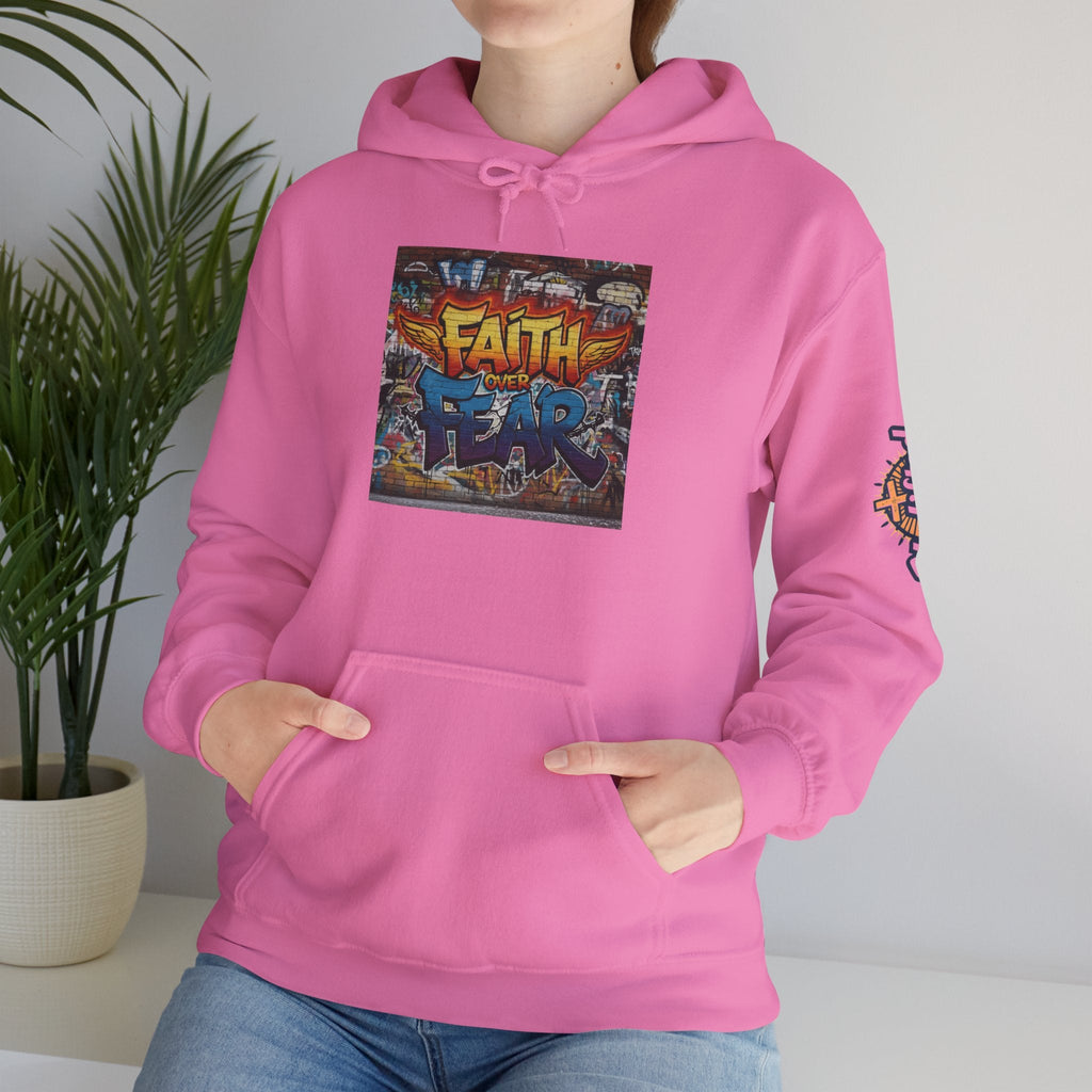 Faith Over Fear Hoodie – Graffiti Wall Christian Sweatshirt for Bold 2 Corinthians 5:7 Streetwear & Unshakable Faith Printify
