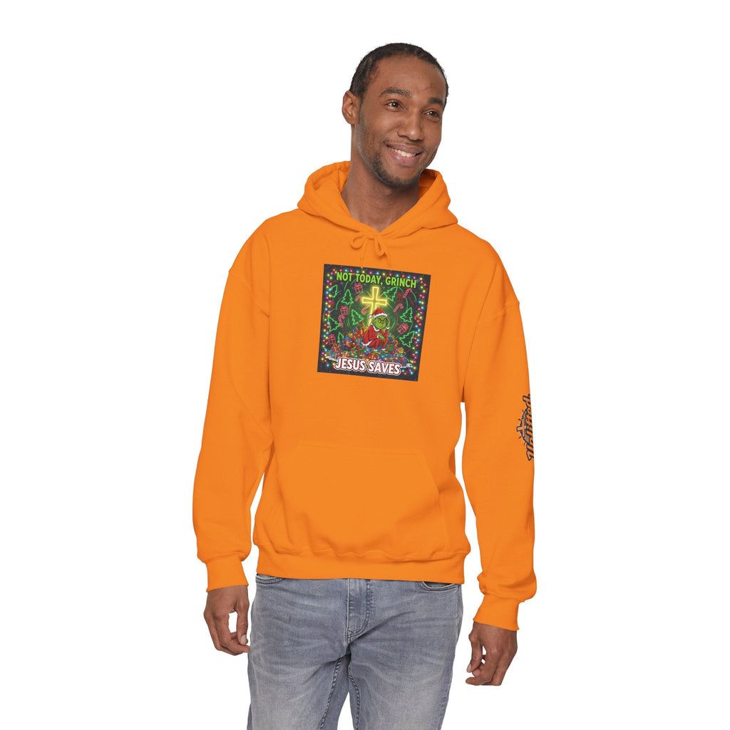 🎄 Not Today, Grinch – Jesus Saves | Funny Christian Christmas Hoodie | Festive Green & Red Cartoon Style | Bold Faith Holiday Tee by Uplifted Gear Printify
