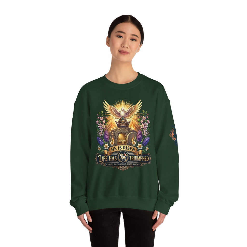 He Is Risen "Life Has Triumphed" Sweatshirt — Easter Resurrection Christian Sweatshirt Printify