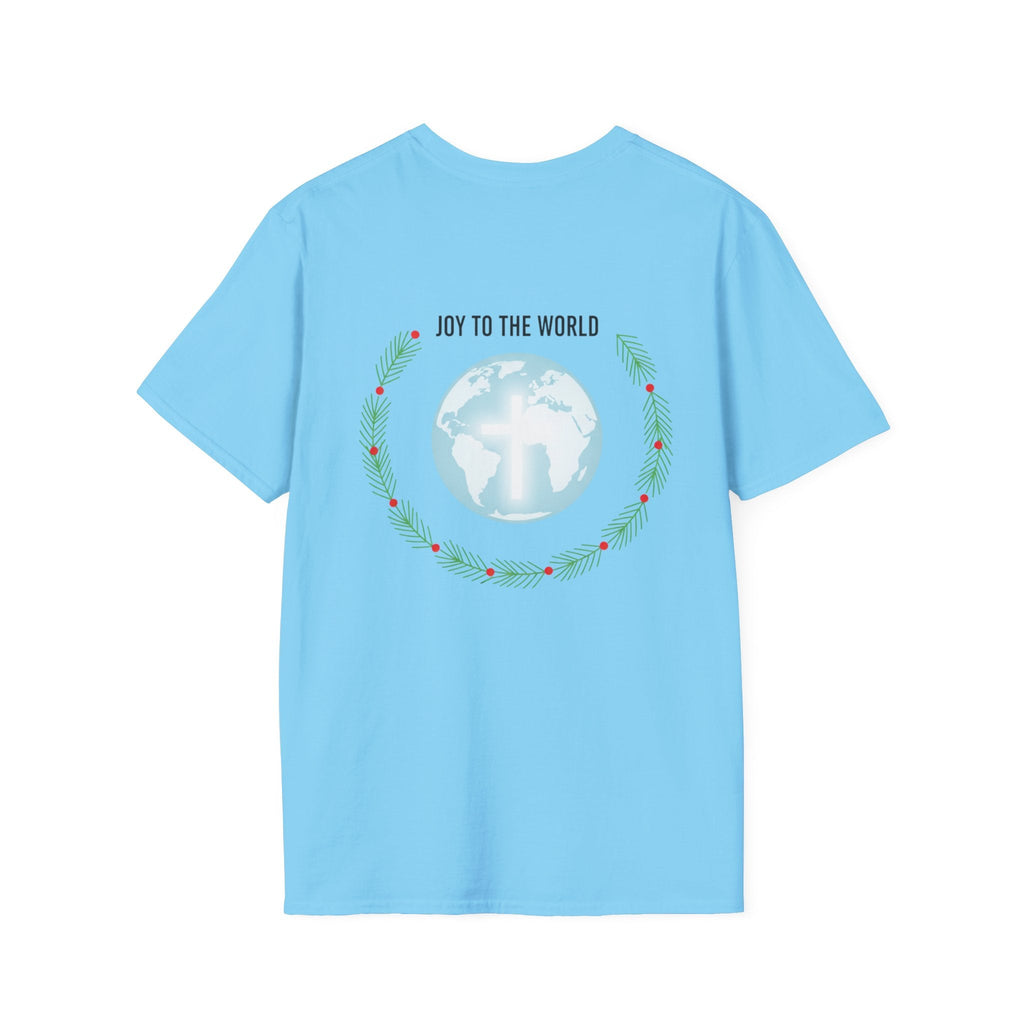 Joy to the World T-shirt – Wreath Earth Nativity Christian Christmas T-shirt for Isaiah 9:6 Holiday Faith & Festive Joy Printify