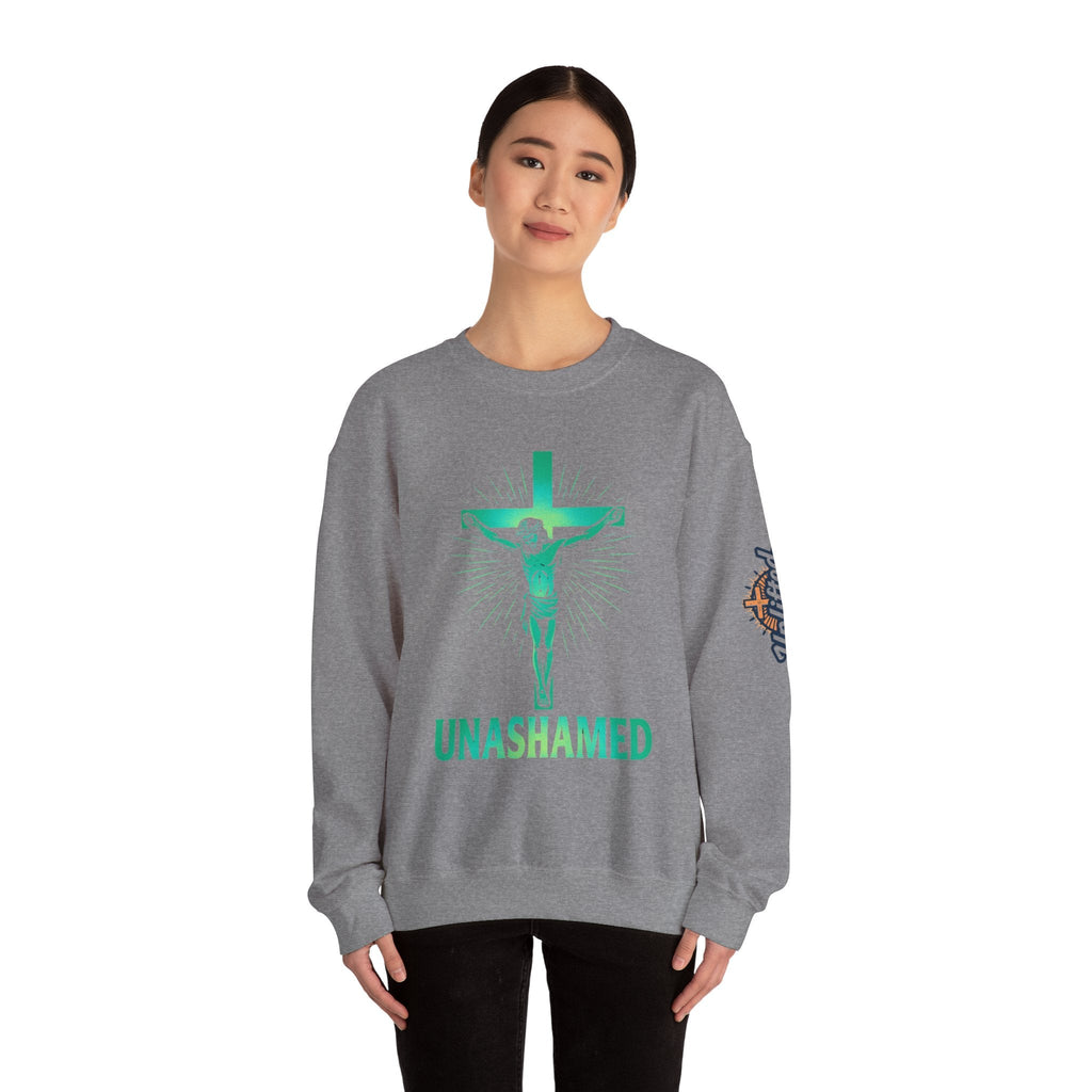 Unashamed Sweatshirt – Romans 1:16 Crucifixion Christian Sweatshirt for Bold Unwavering Faith Printify