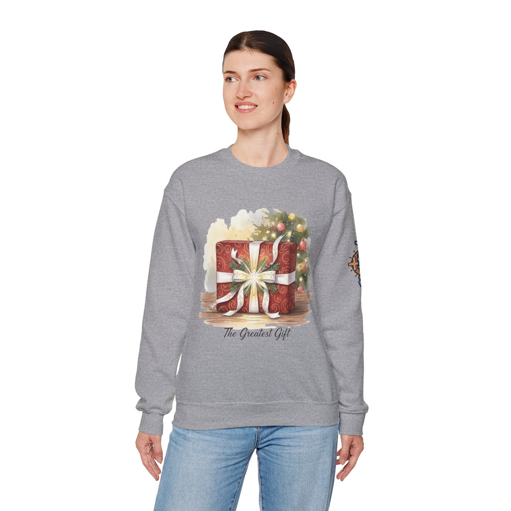 The Greatest Gift Sweatshirt – Cross Bow Present Christian Sweatshirt for Christmas Salvation & Eternal Faith Printify